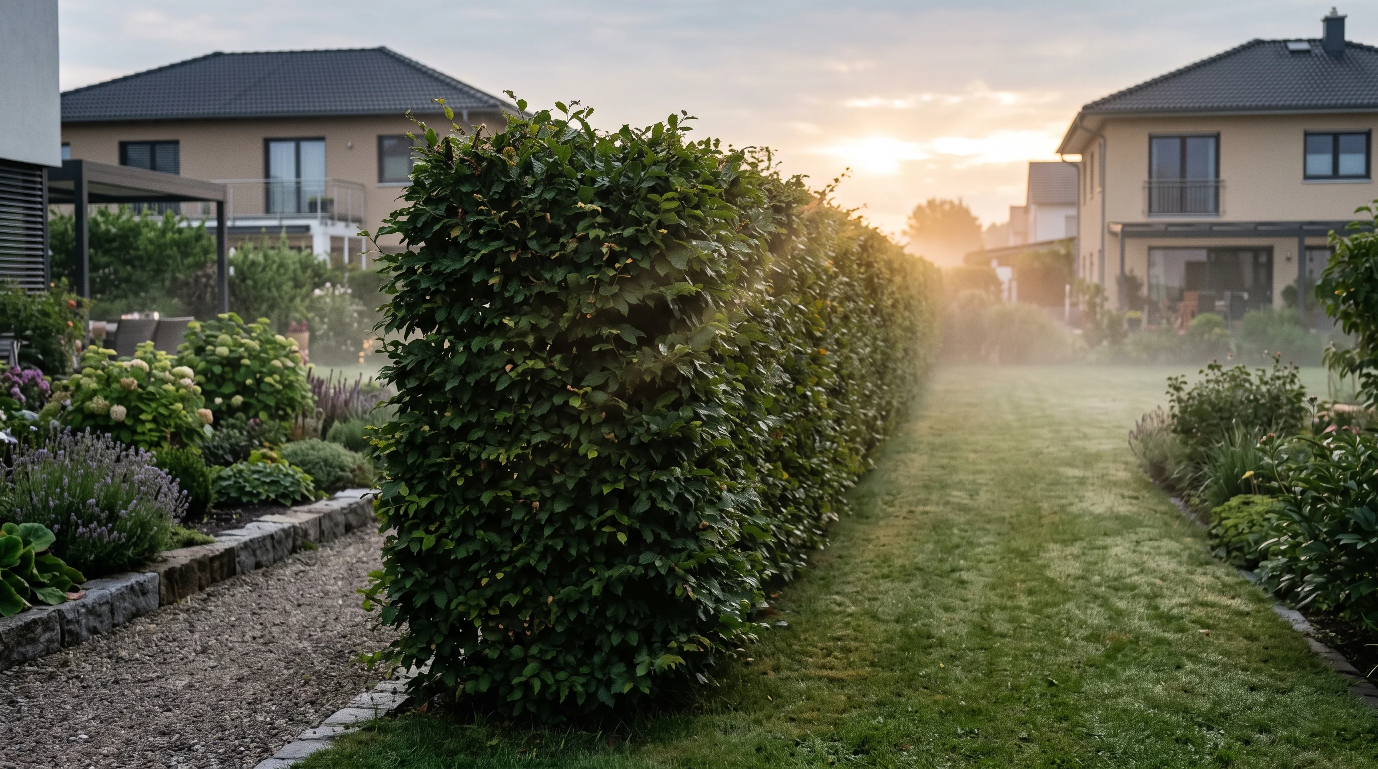 Gepflegte, gerade geschnittene Heckenlinie als Gartenabgrenzung