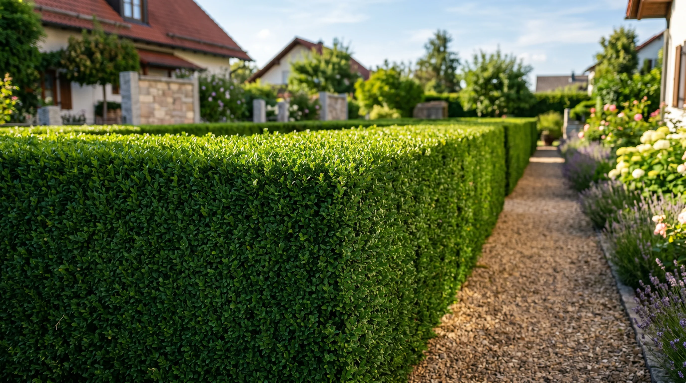 Perfekt geschnittene grüne Hecke mit geometrisch geraden Linien in einem gepflegten Ulmer Garten