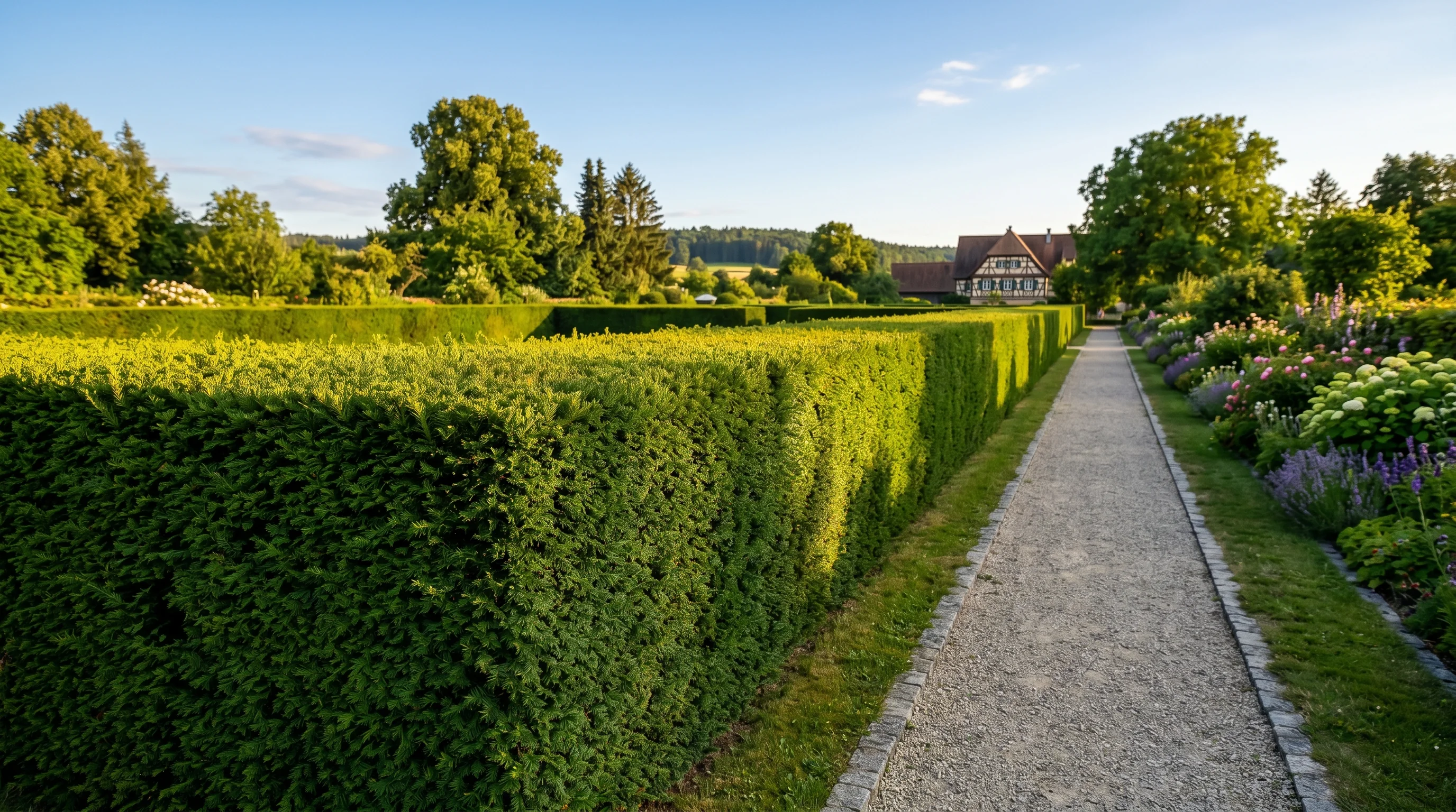 Heckenschnitt Zeitpunkt – gepflegte Hecke mit klaren Schnittlinien im Sommerlicht