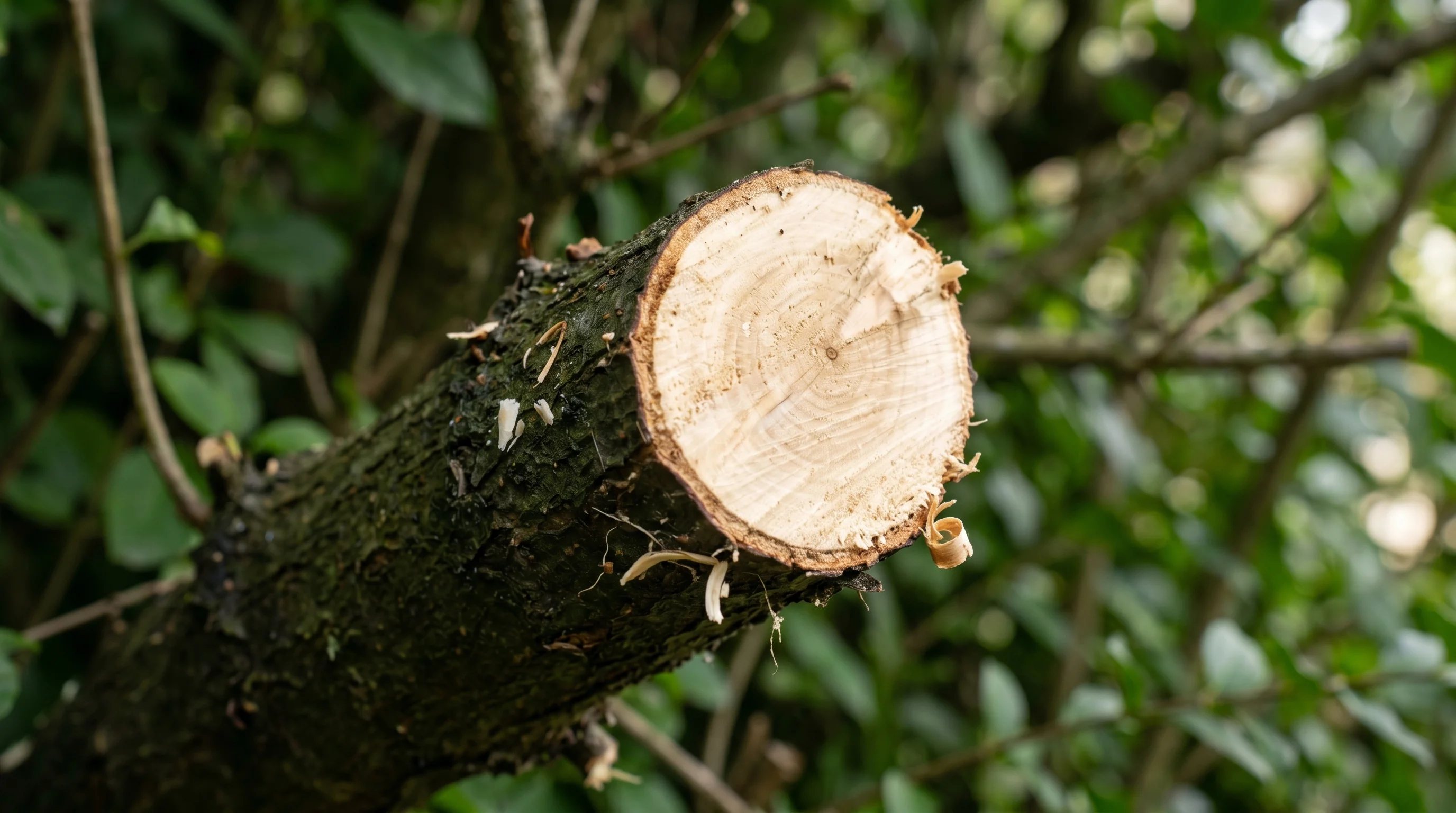 Heckenschnitt Gesetz – Nahaufnahme frischer Gehölzschnittfläche mit Rinde und Holzstruktur im Seitenlicht