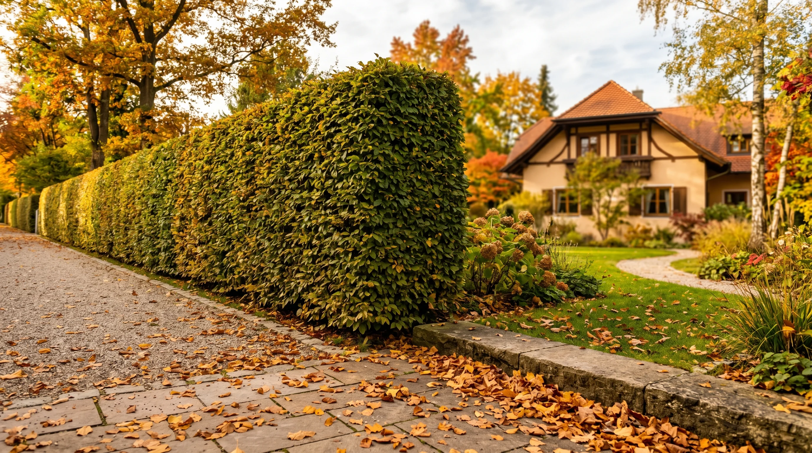 Gepflegte Hecke mit klaren Linien im Herbstlicht – Ergebnis nach einem professionellen Heckenschnitt in einem Ulmer Garten