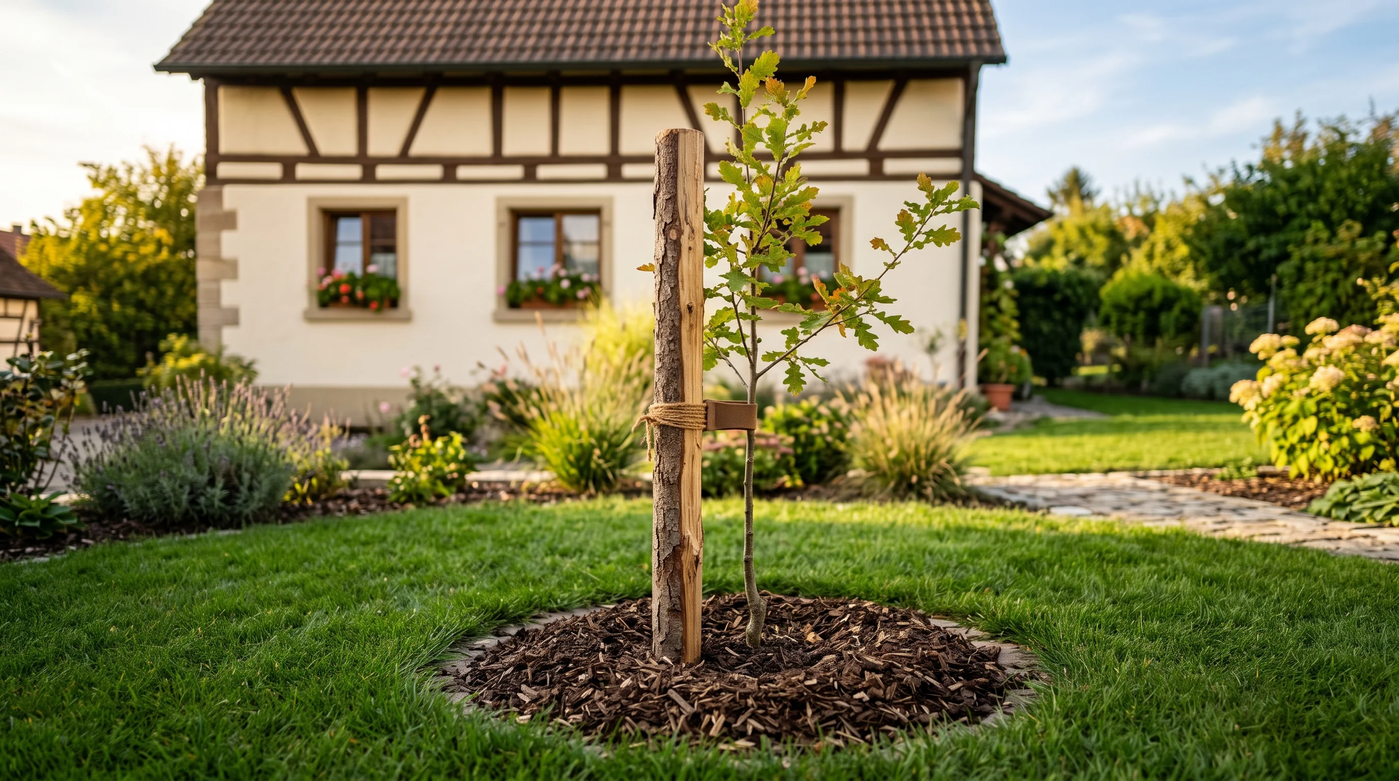 Heimische Baumarten Übersicht: gepflegter Vorgarten mit frisch gepflanztem heimischem Baum in Süddeutschland