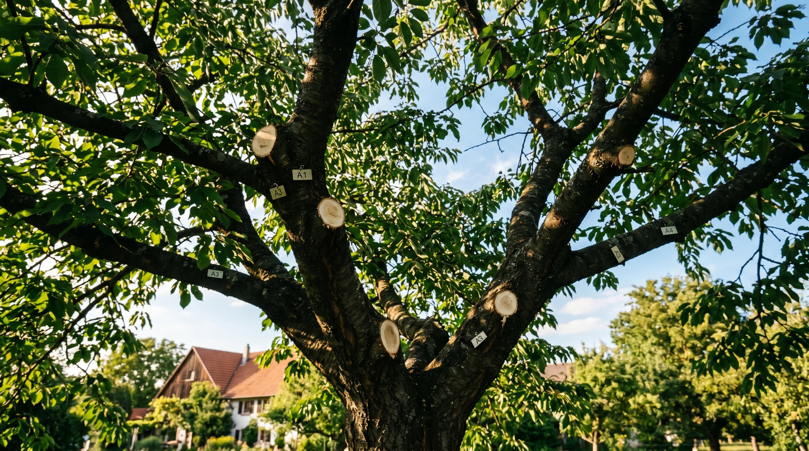 Kirschbaum schneiden Zeitpunkt: Blick durch die sommerliche Kirschbaumkrone auf frische Schnittflächen an professionell gepflegten Ästen
