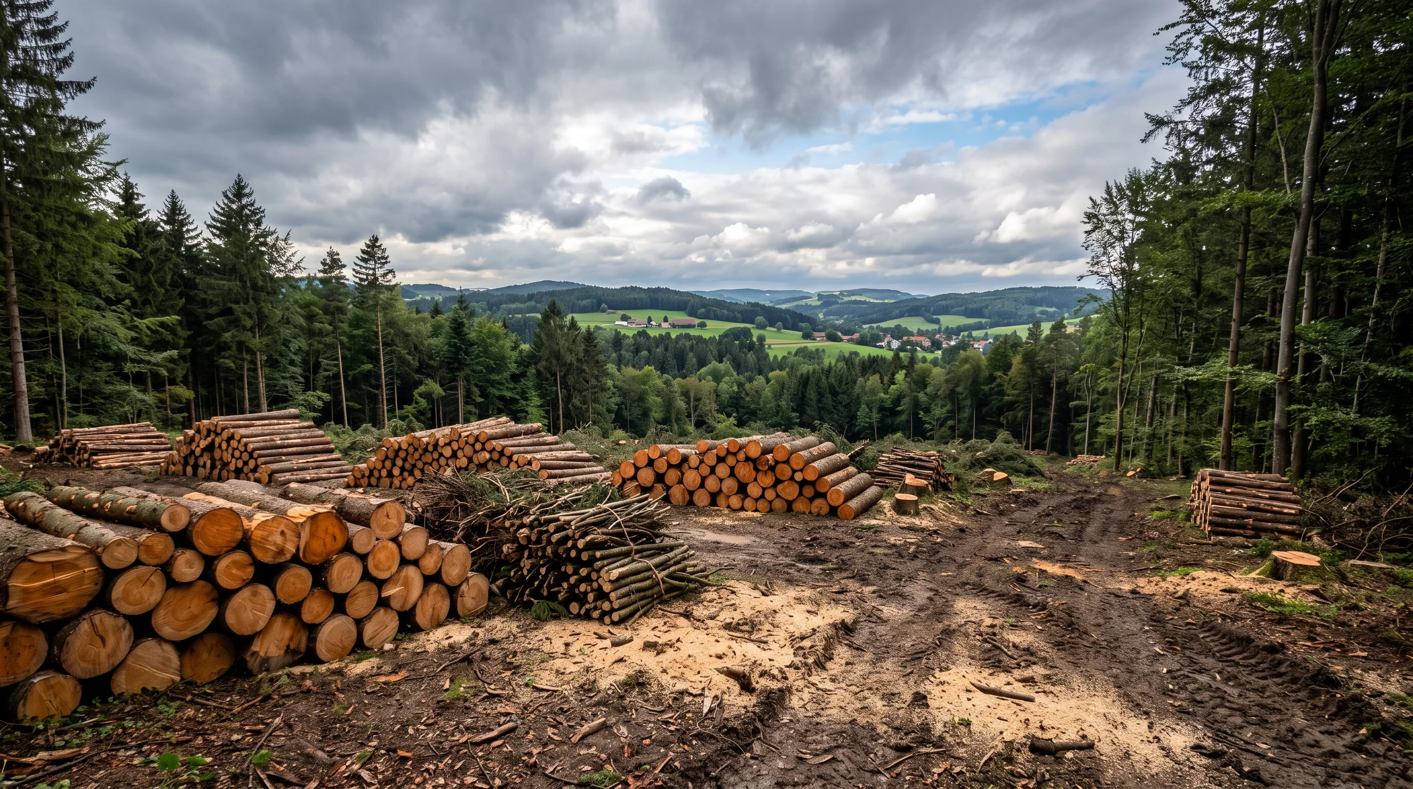Gefällter Baumstamm nach professioneller Notfällung mit Astwerk im Vordergrund