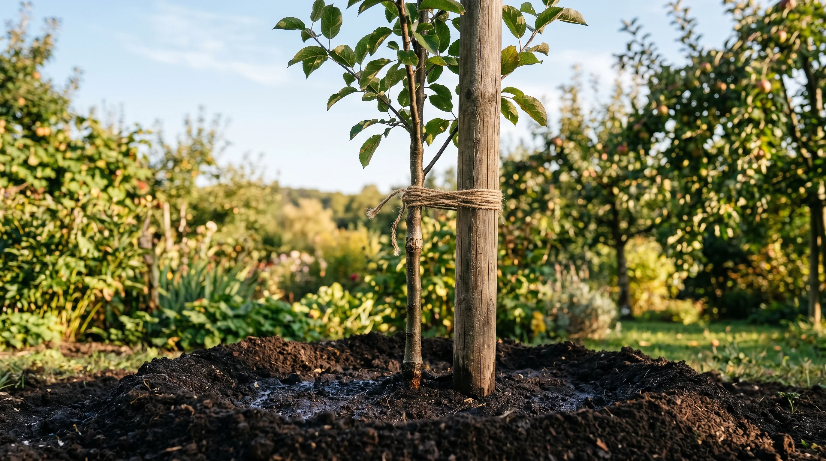 Frisch gepflanzter Obstbaum im Garten mit Stützpfahl und korrektem Pflanzabstand zum Nachbarbaum
