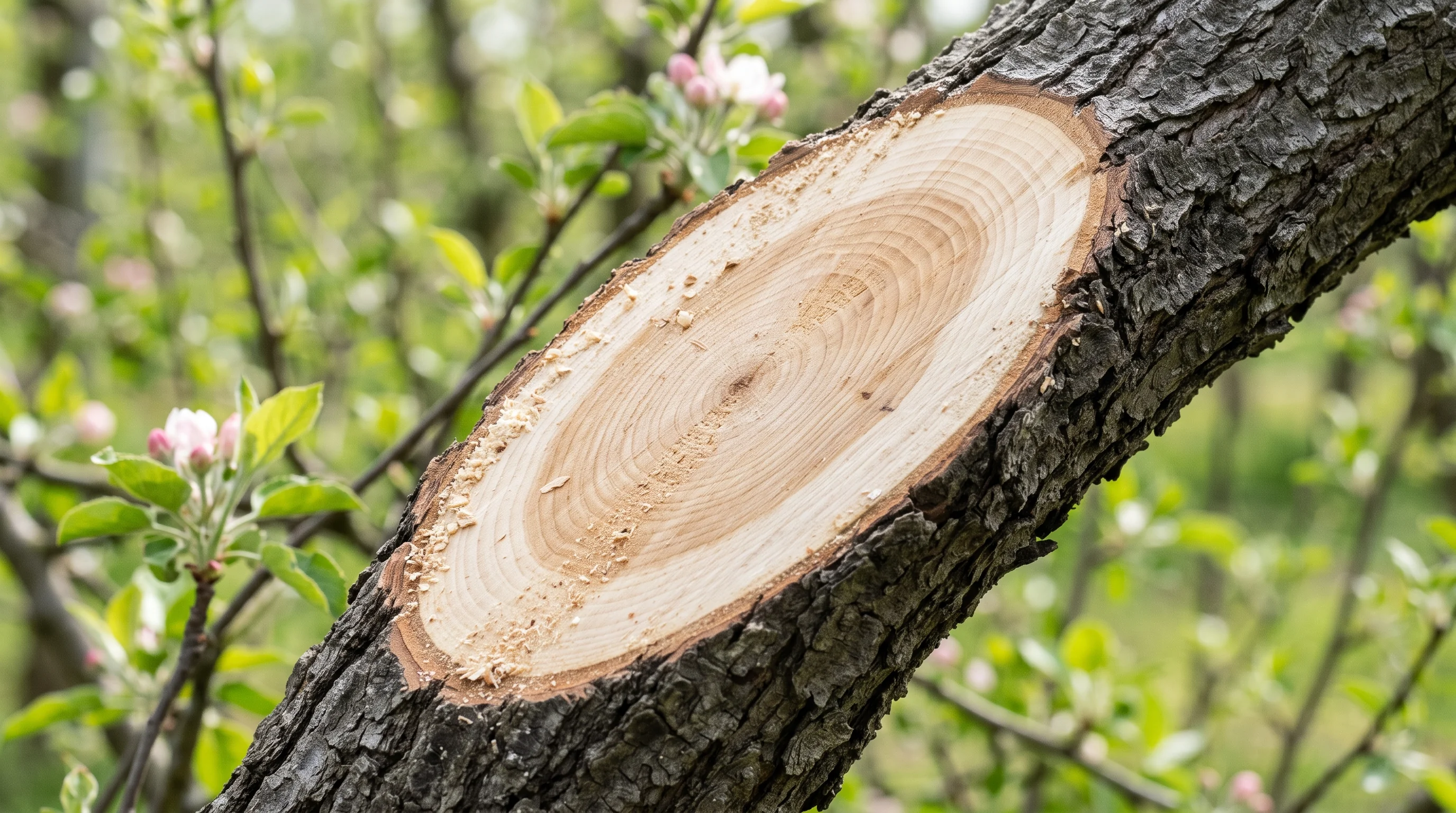 Frische Schnittfläche beim Obstbaumschnitt — Apfelbaum mit sauber gesetztem Schnitt im Frühjahr