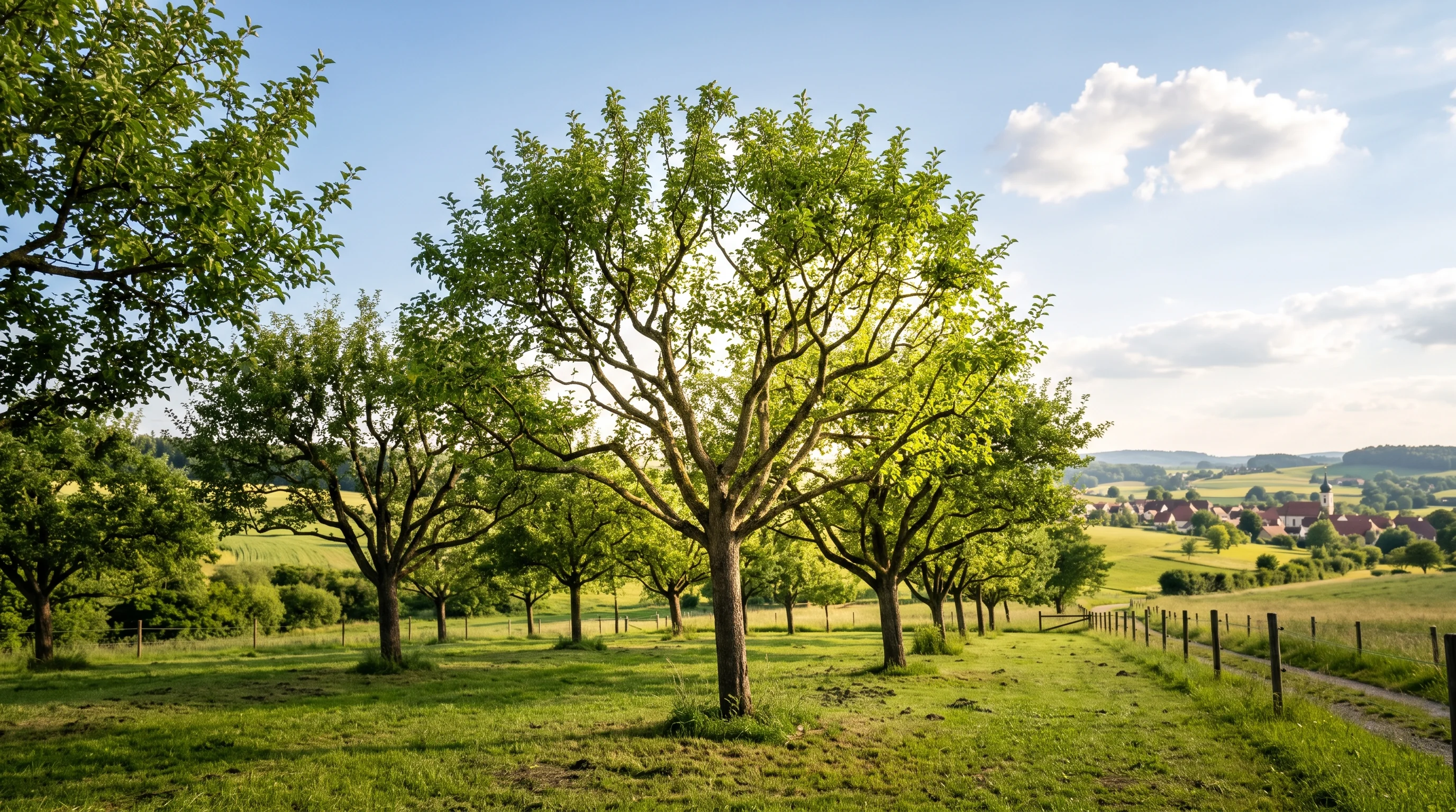 Gepflegter Obstgarten nach professionellem Schnitt — offene, lichtdurchflutete Kronenstruktur ohne Kreuzäste
