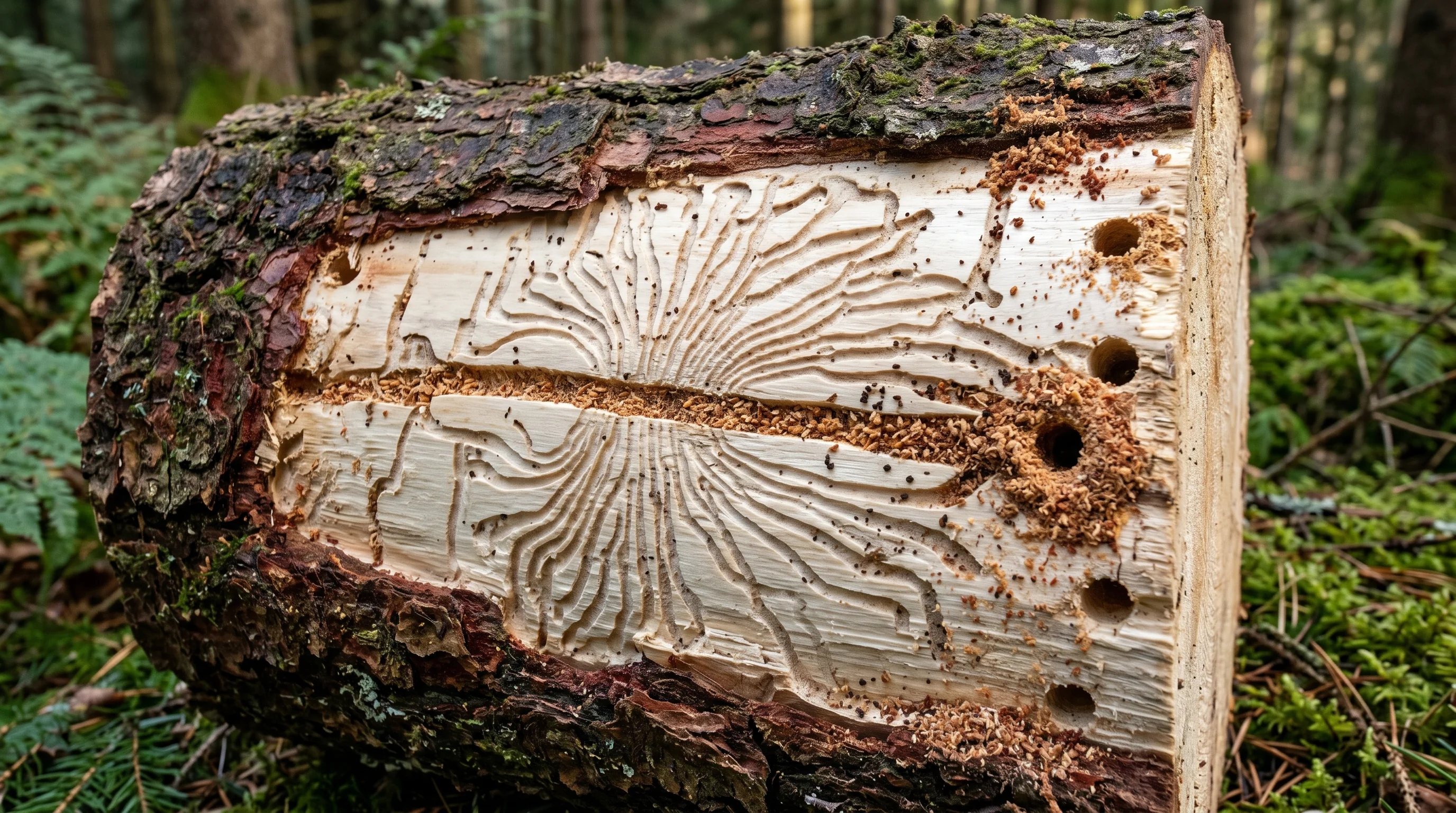 Schädlinge am Baum bekämpfen – Borkenkäfer-Fraßgänge unter der Rinde einer alten Fichte