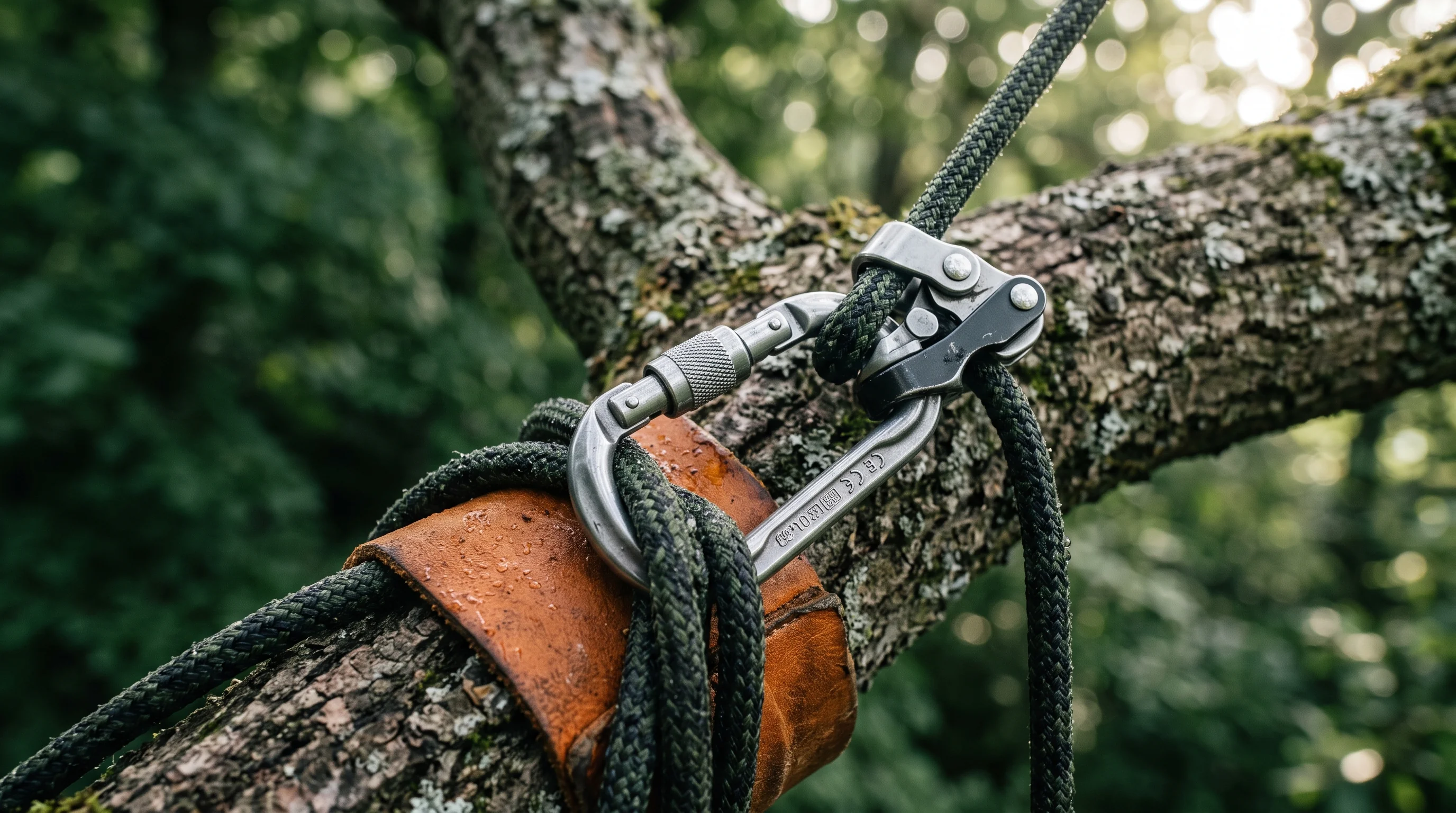Seilklettertechnik in der Baumpflege: Kletterseil mit Karabiner an einem starken Ast