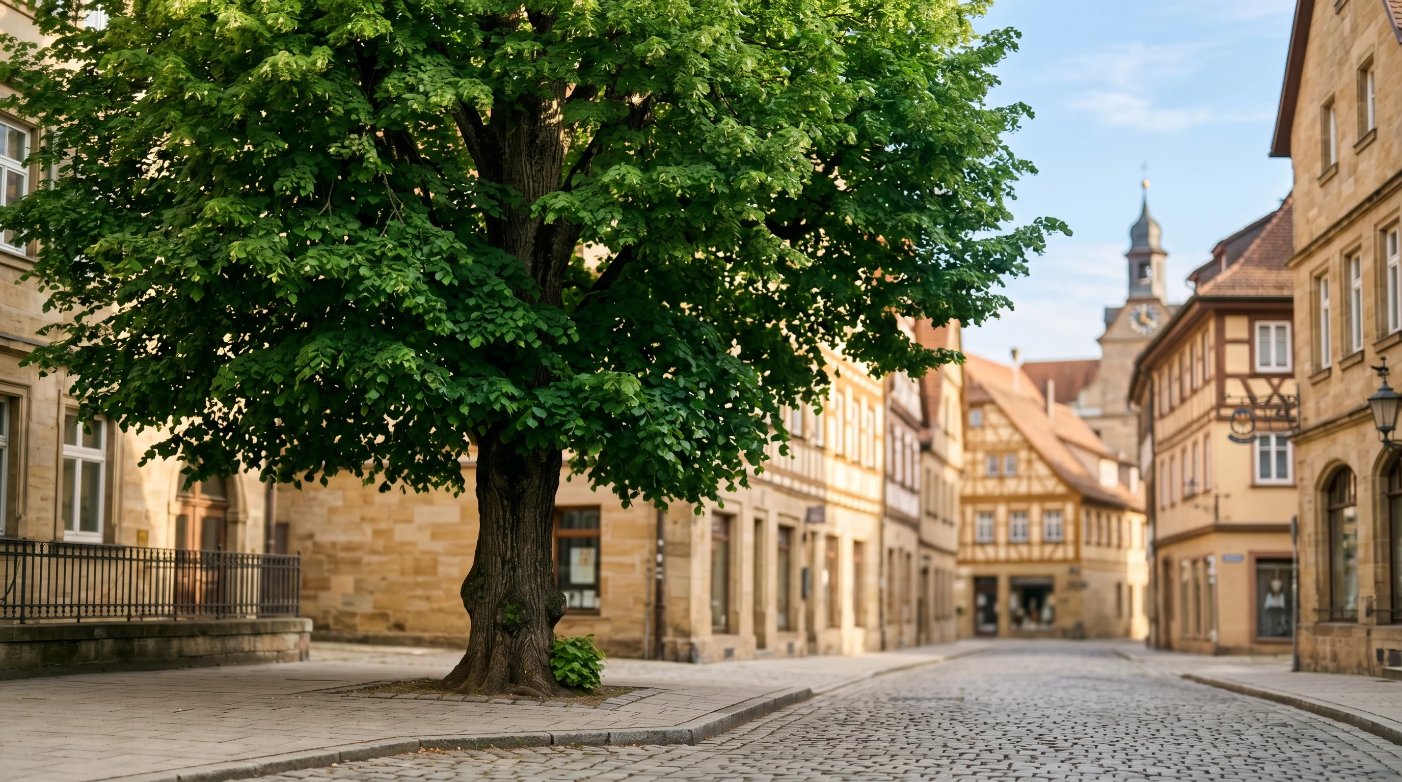 Großer Stadtbaum in einer gepflegten Ulmer Stadtlandschaft – professionelle Baumpflege sichert Gesundheit und Standsicherheit