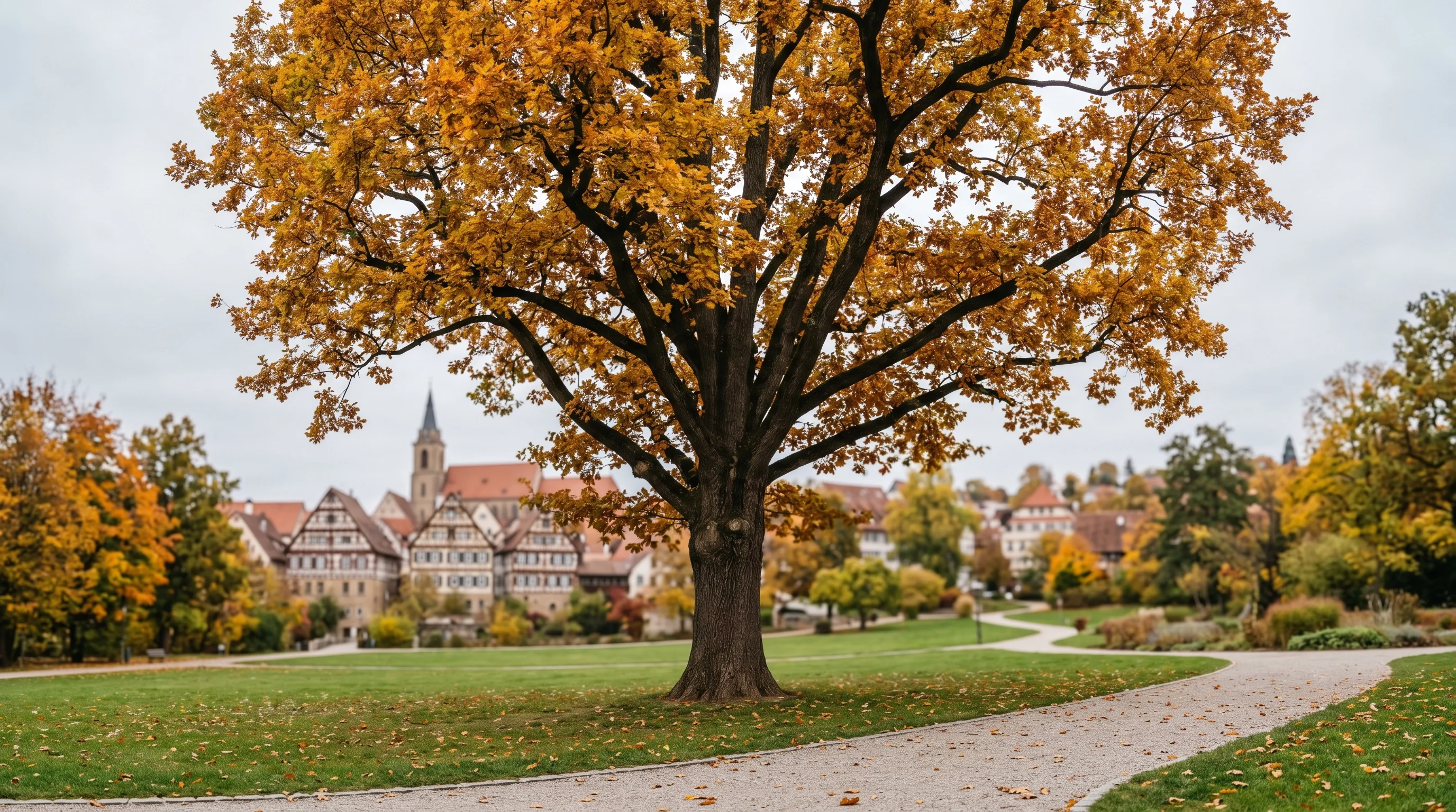 Gepflegter Stadtbaum in einer süddeutschen Stadtlandschaft im Herbst – goldenes Laub, Ulmer Architektur verschwommen im Hintergrund