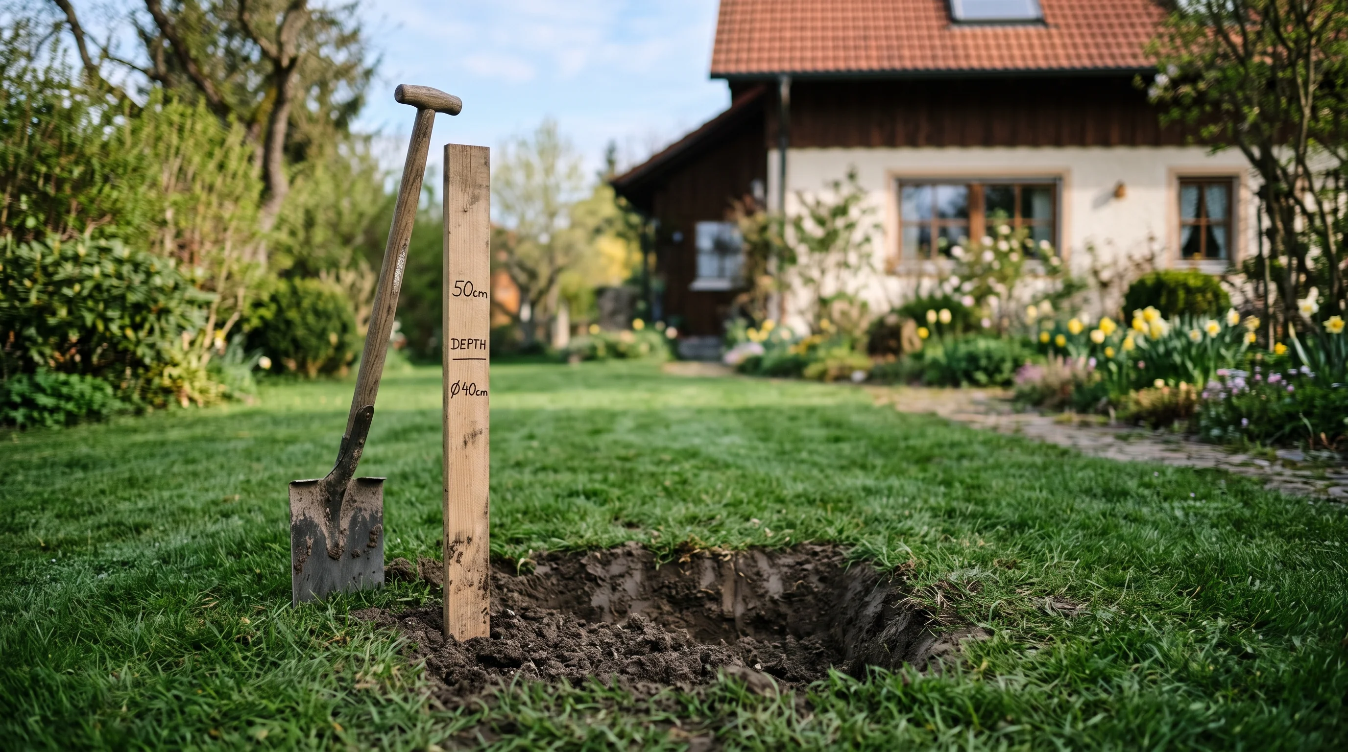 Standortanalyse vor der Baumpflanzung: Gartenfläche mit markiertem Pflanzloch und jungem Baum in Ulm