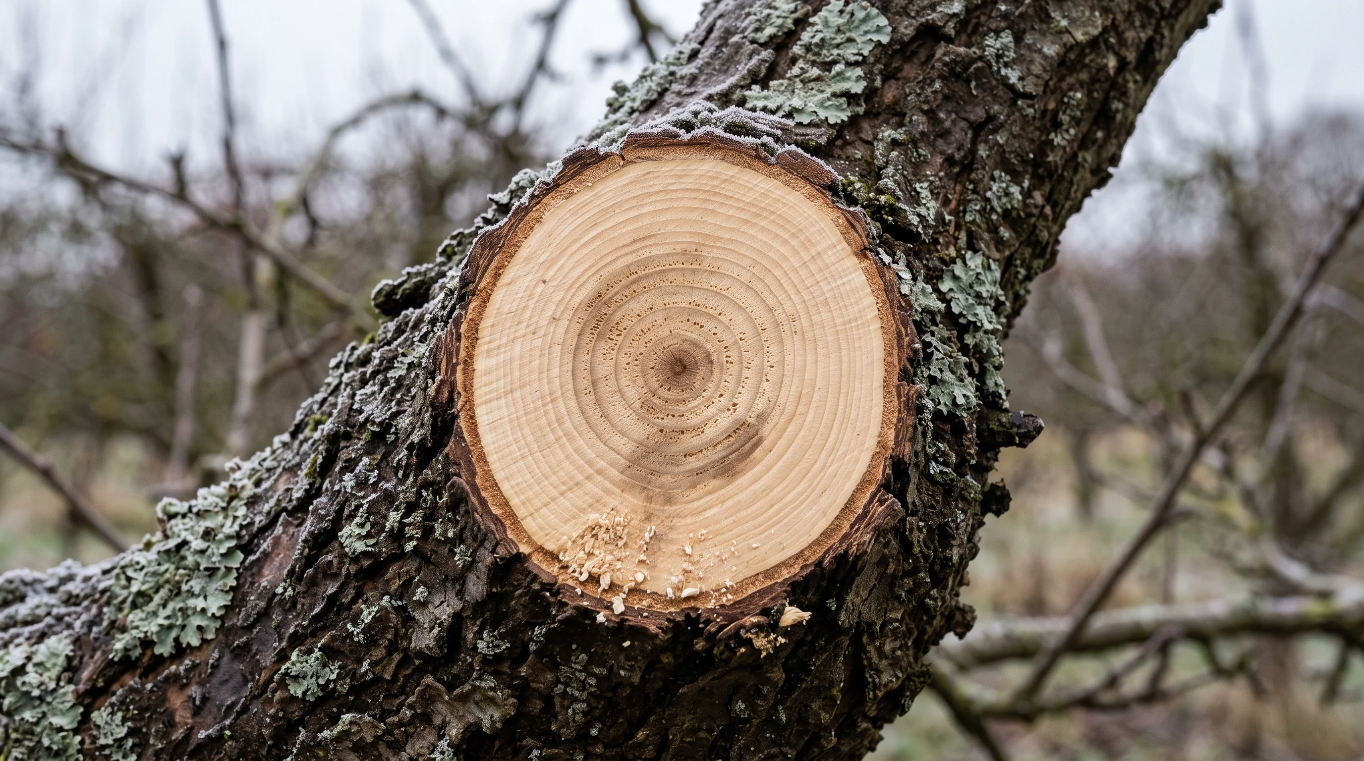 Streuobstwiese Pflege: frische Schnittfläche an einem Hochstamm-Obstbaum im Detail