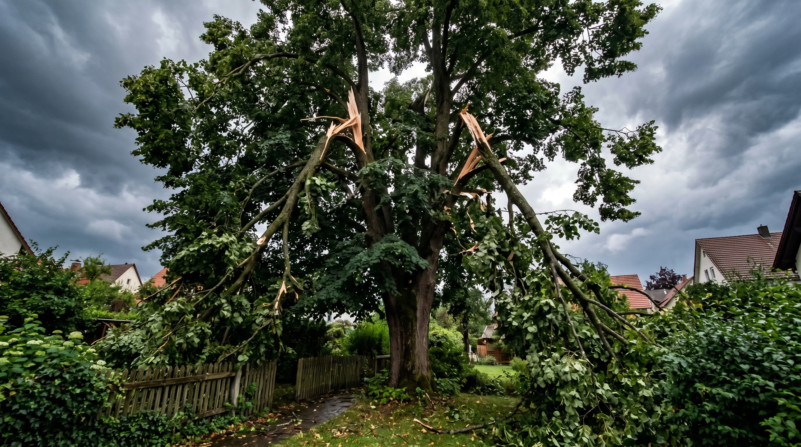 Sturmschaden am Baum – abgebrochene Äste an einem Laubbaum nach Unwetter in Süddeutschland