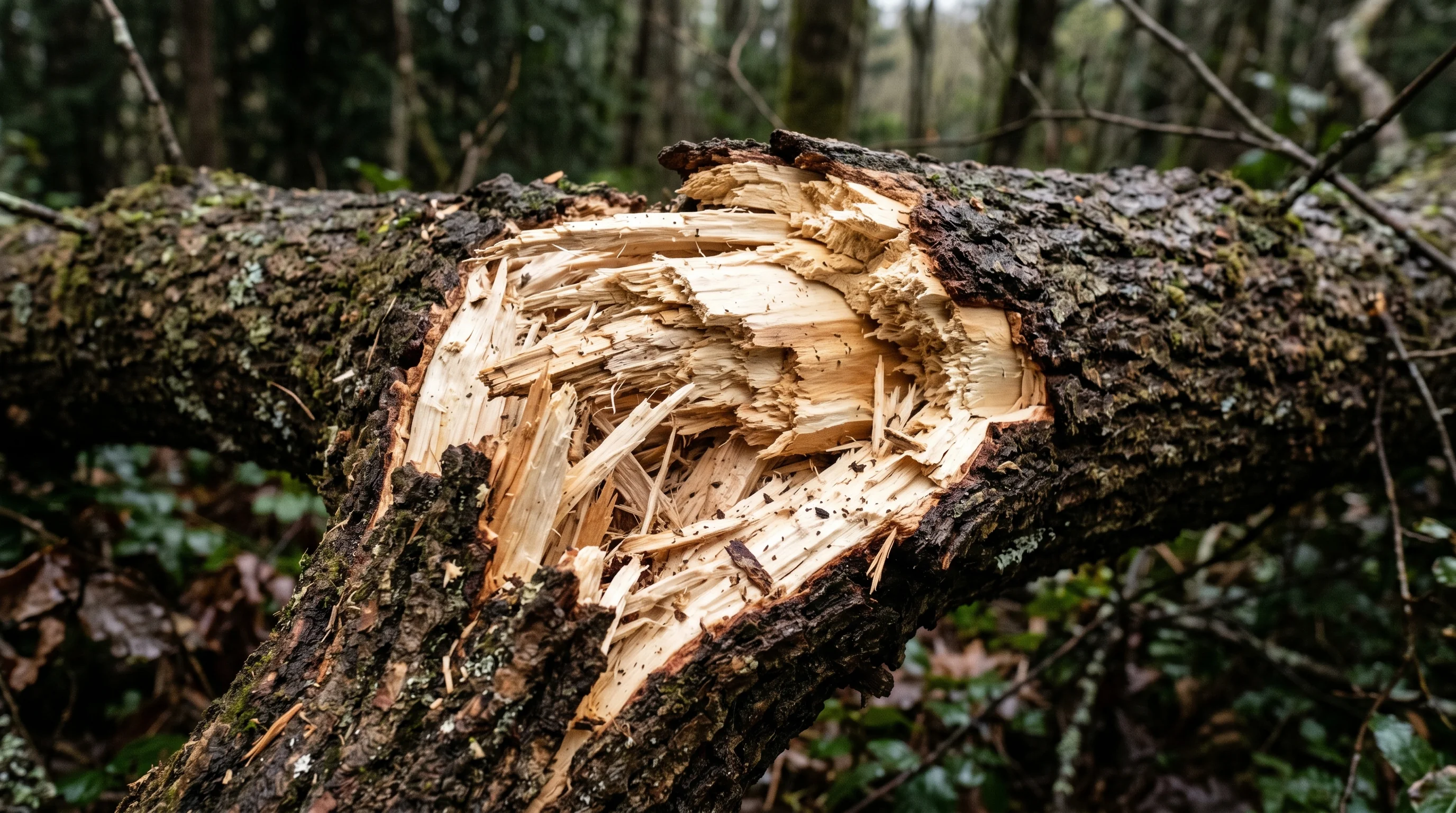 Frischer Sturmbruch am Ast – zersplittertes Holz nach Unwetter, Nahaufnahme Baumschaden