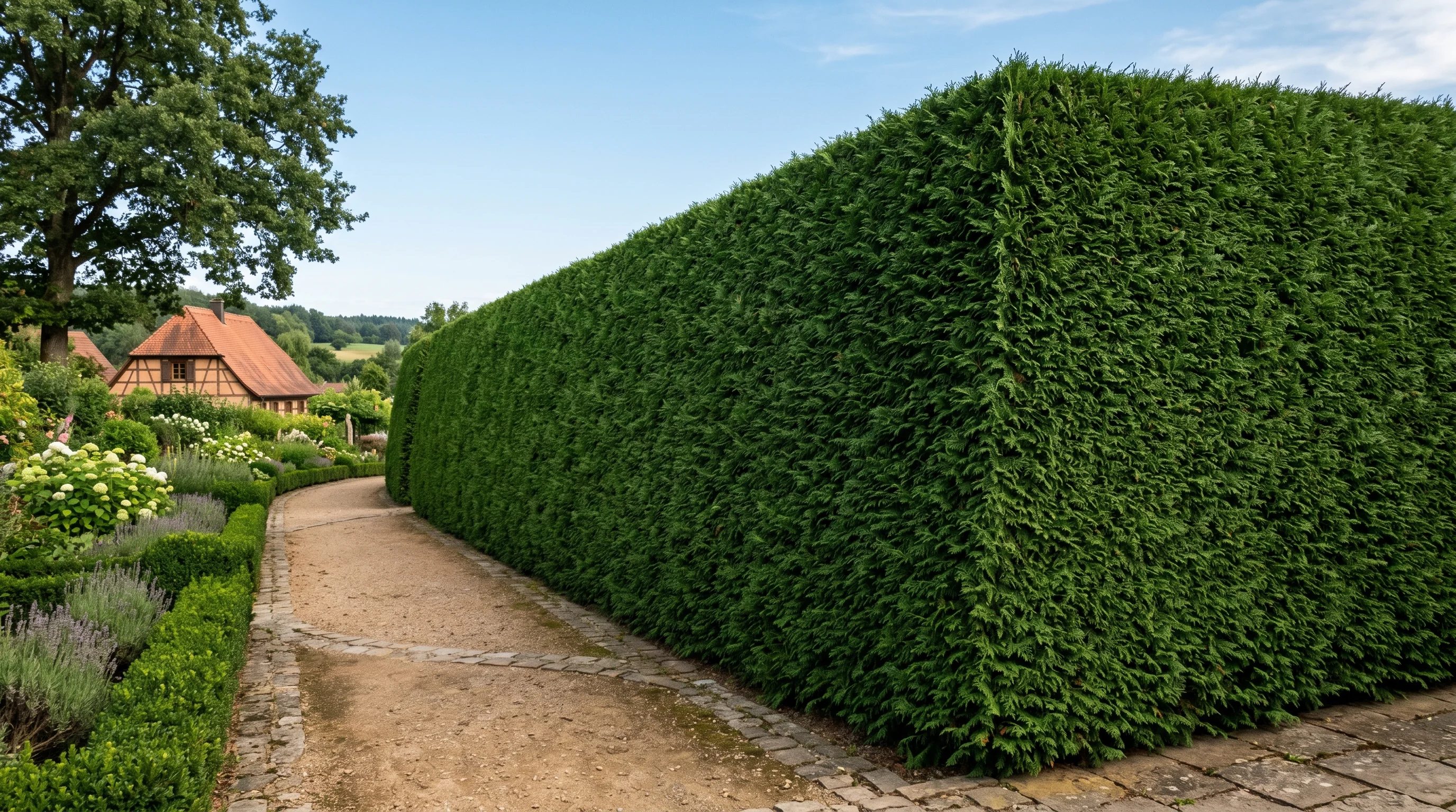 Thuja-Hecke schneiden — gepflegte, gerade Thuja-Hecke mit sattgrünem Nadelwerk in einem Garten in Süddeutschland