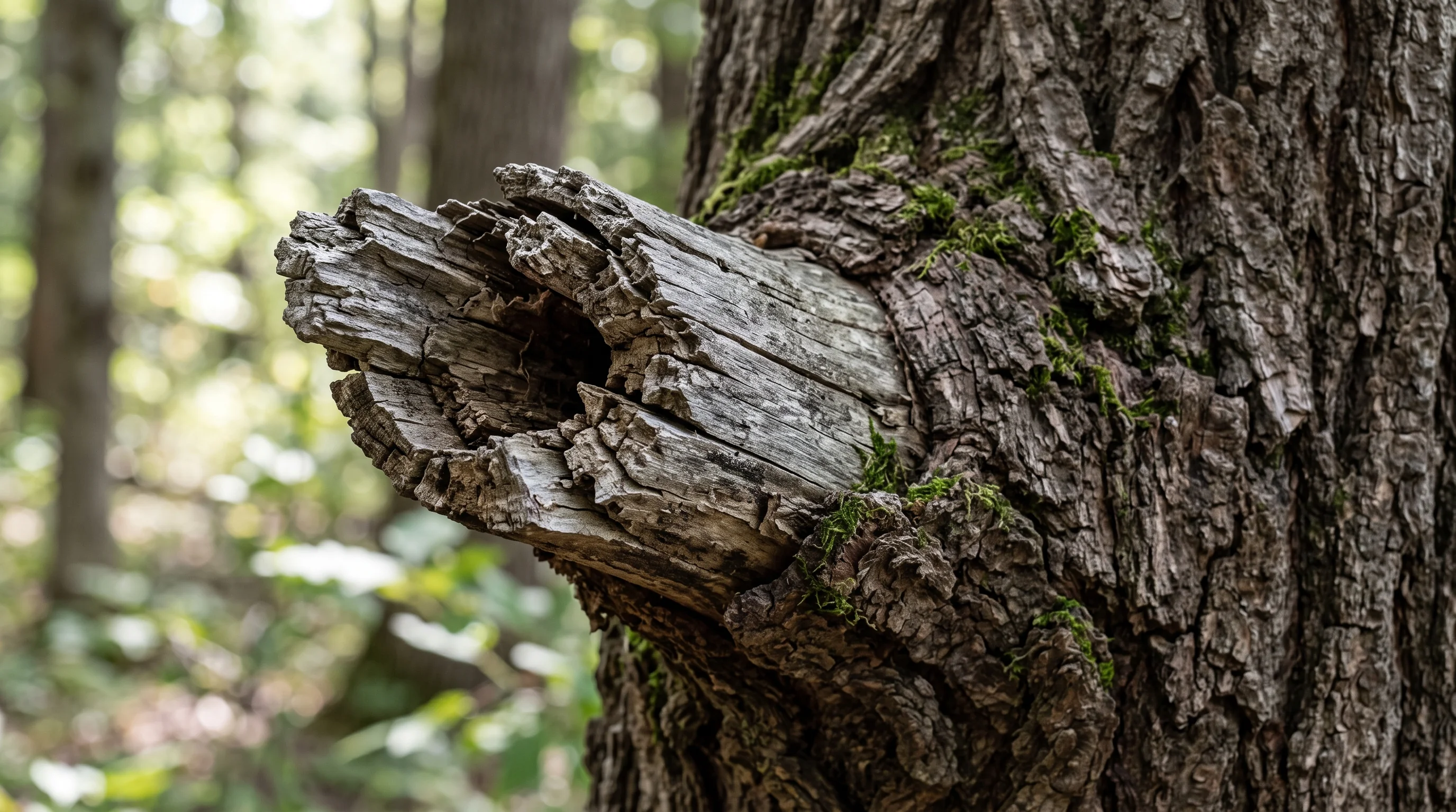 Totholz am Baum erkennen: brüchiger, abgestorbener Ast ohne Rinde in Nahaufnahme