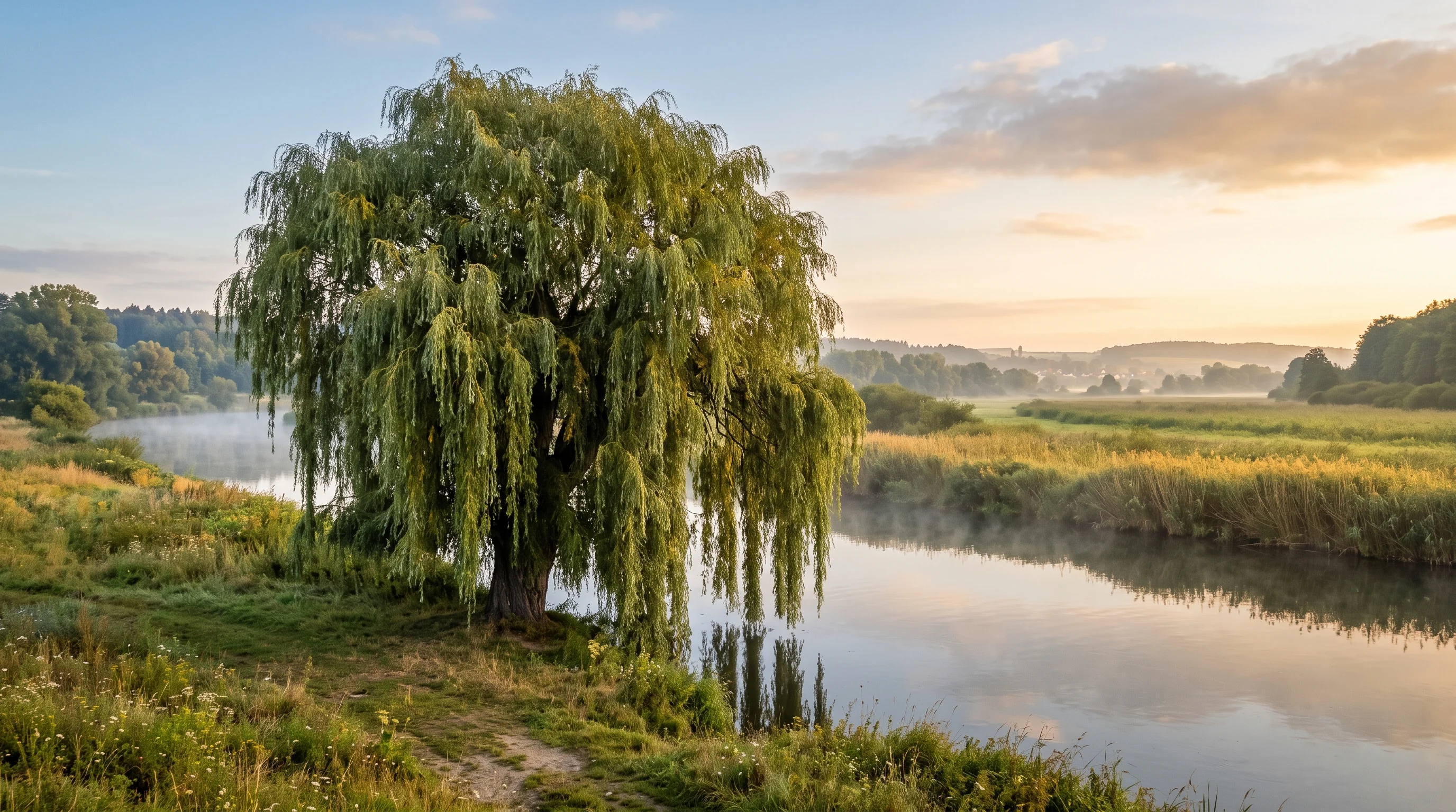 Trauerweide schneiden: große Trauerweide mit hängenden Zweigen an einem Gewässer im Donautal bei Ulm