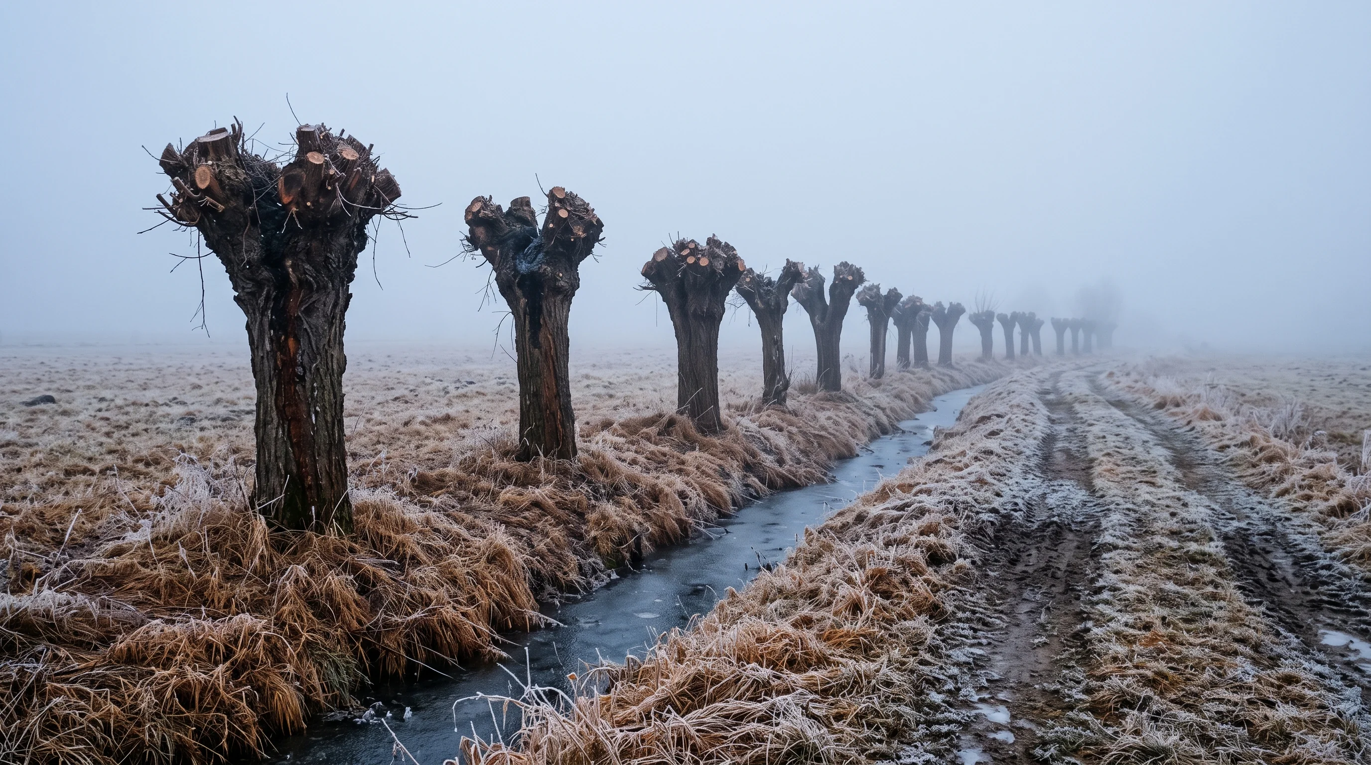 Trauerweide schneiden lassen: frisch geschnittene Kopfweiden im Winternebel in der Donauaue bei Ulm