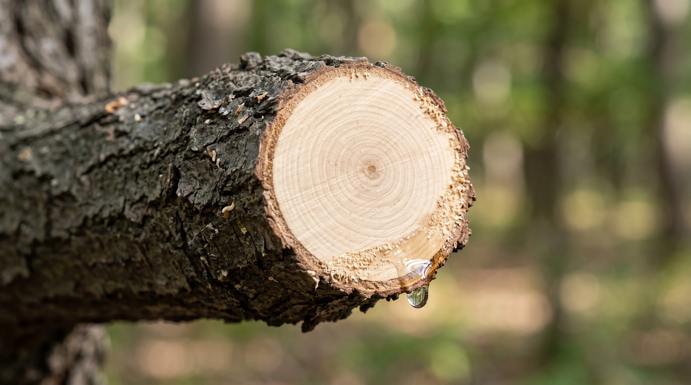 Walnussbaum schneiden: frische Schnittfläche an einem Walnussast mit sichtbarer Holzstruktur