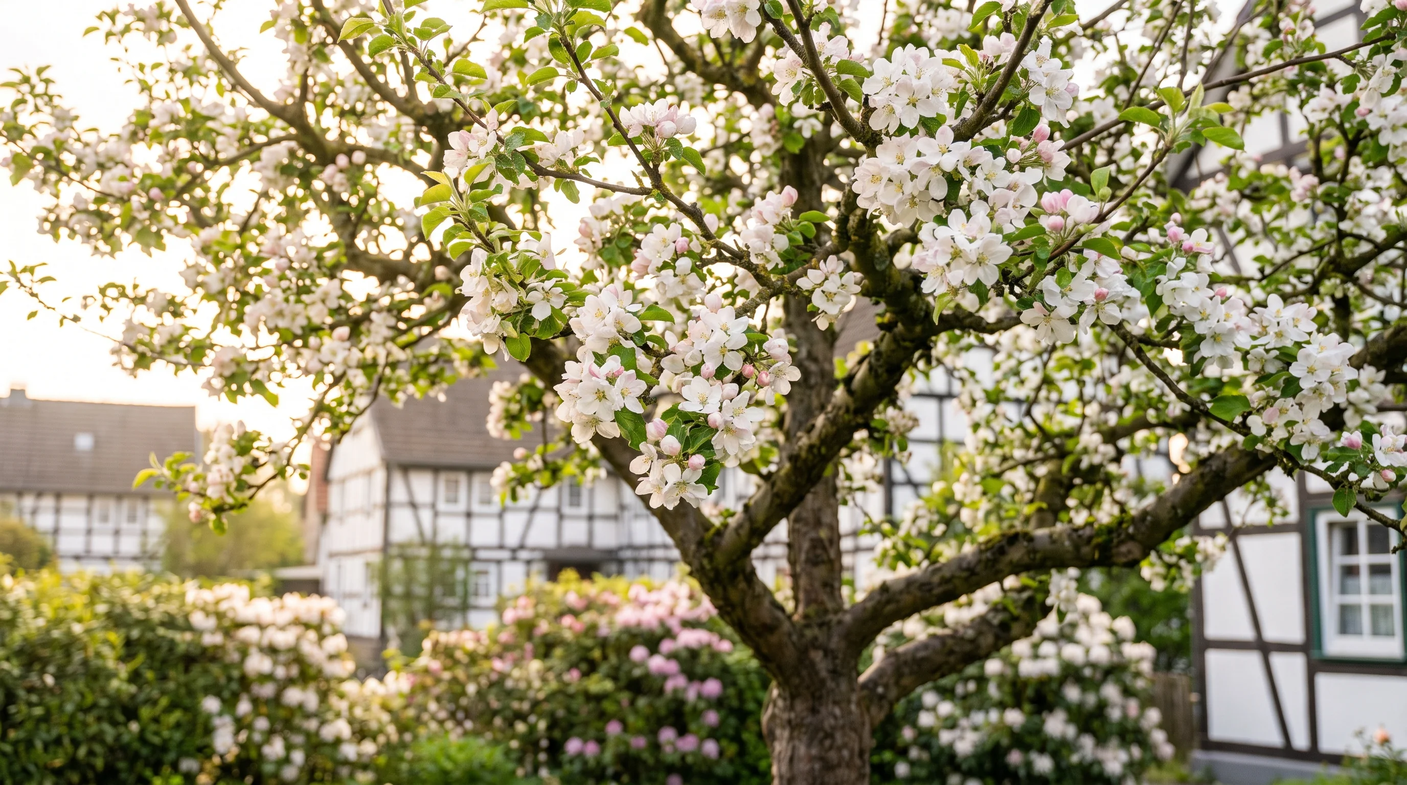 Wann Apfelbaum schneiden – Apfelblüten an gepflegtem Baum im Frühjahr in Südwestdeutschland