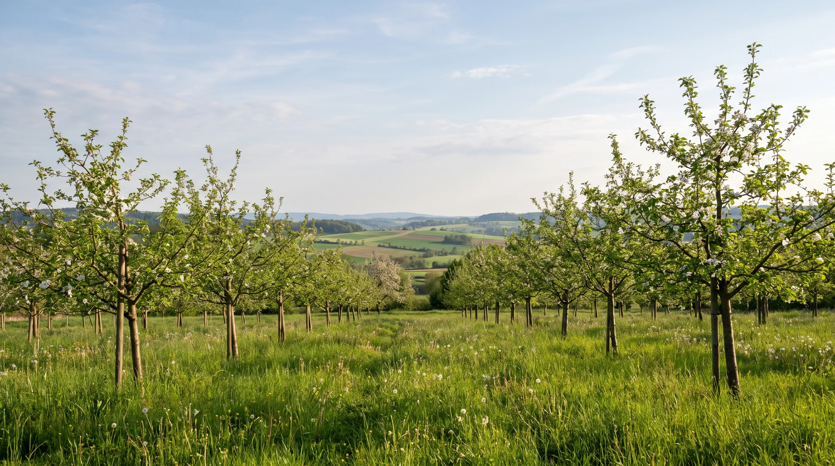 Wann Apfelbaum schneiden – gepflegter Obstgarten mit jungen Apfelbäumen in Südwestdeutschland im Frühling