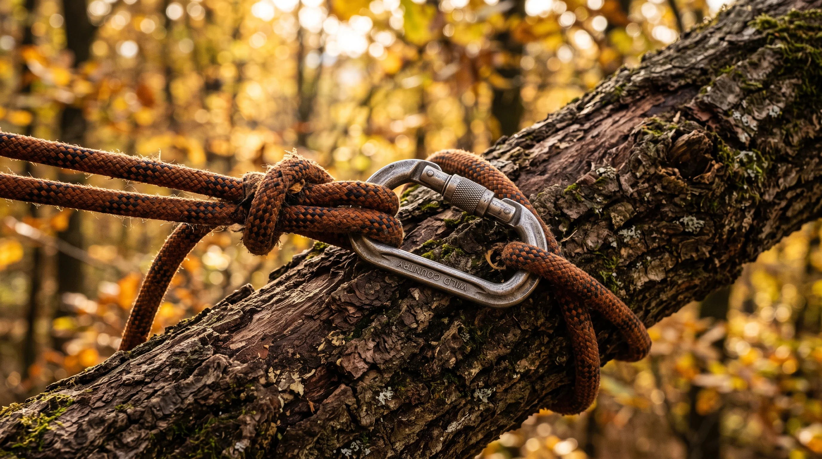 Was kostet Baumpflege pro Jahr - Kletterseil mit Karabiner an einem Ast befestigt als Kostenfaktor Zugänglichkeit