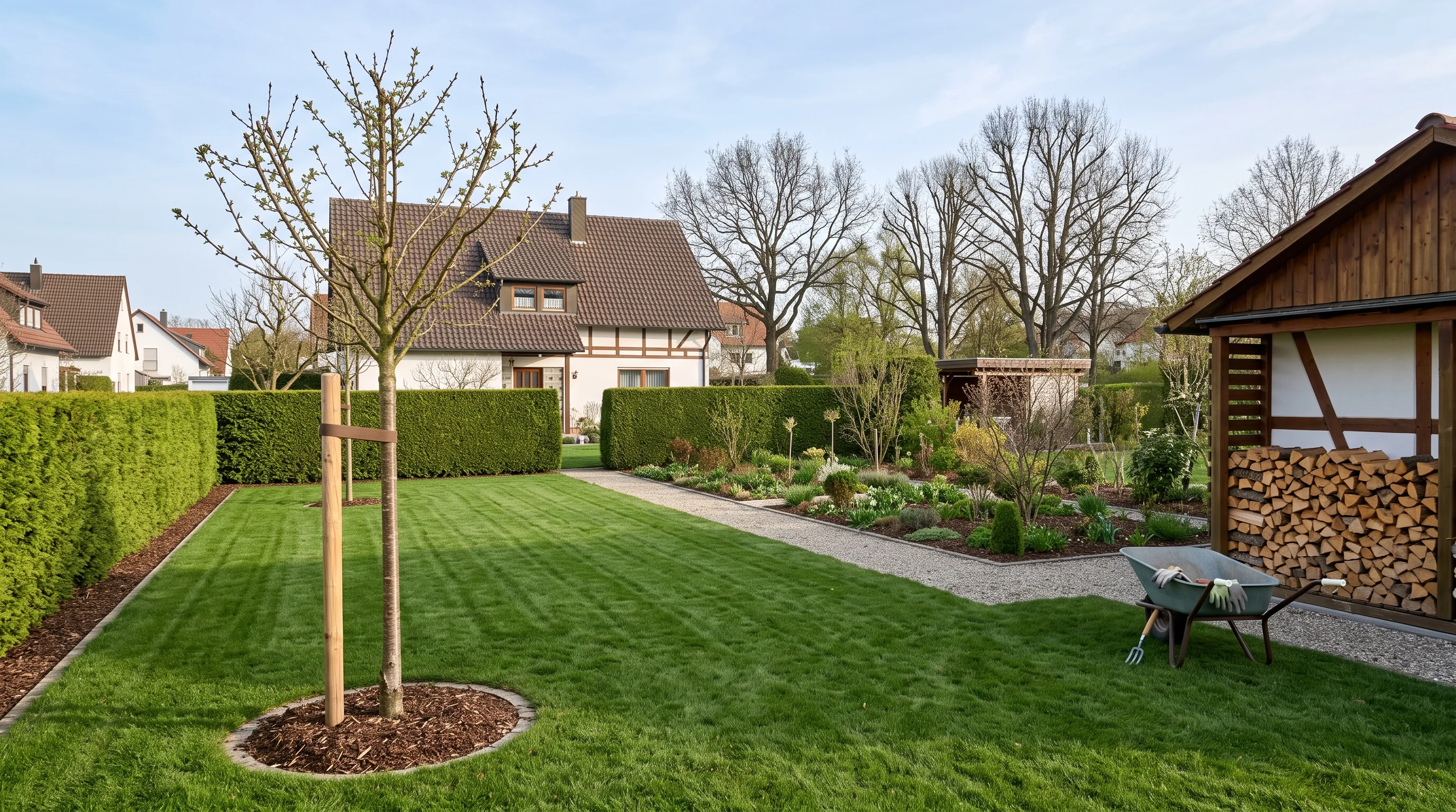 Was kostet Baumpflege pro Jahr - gepflegter Garten mit sauber geschnittenen Bäumen nach professioneller Pflege