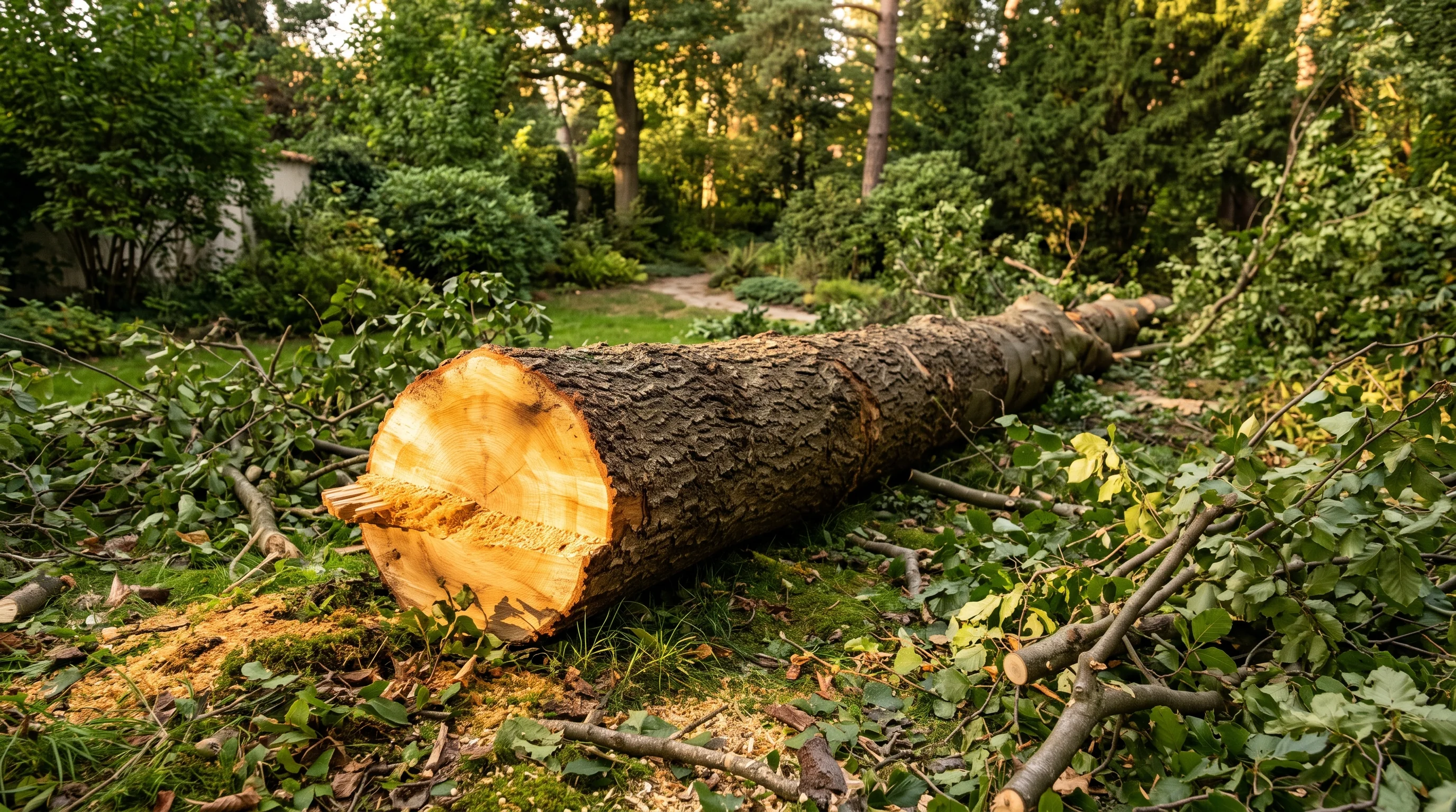 Gefällter Baumstamm mit frischem Sägeschnitt im Garten – nach der Baumfällung Ersatzpflanzung beachten