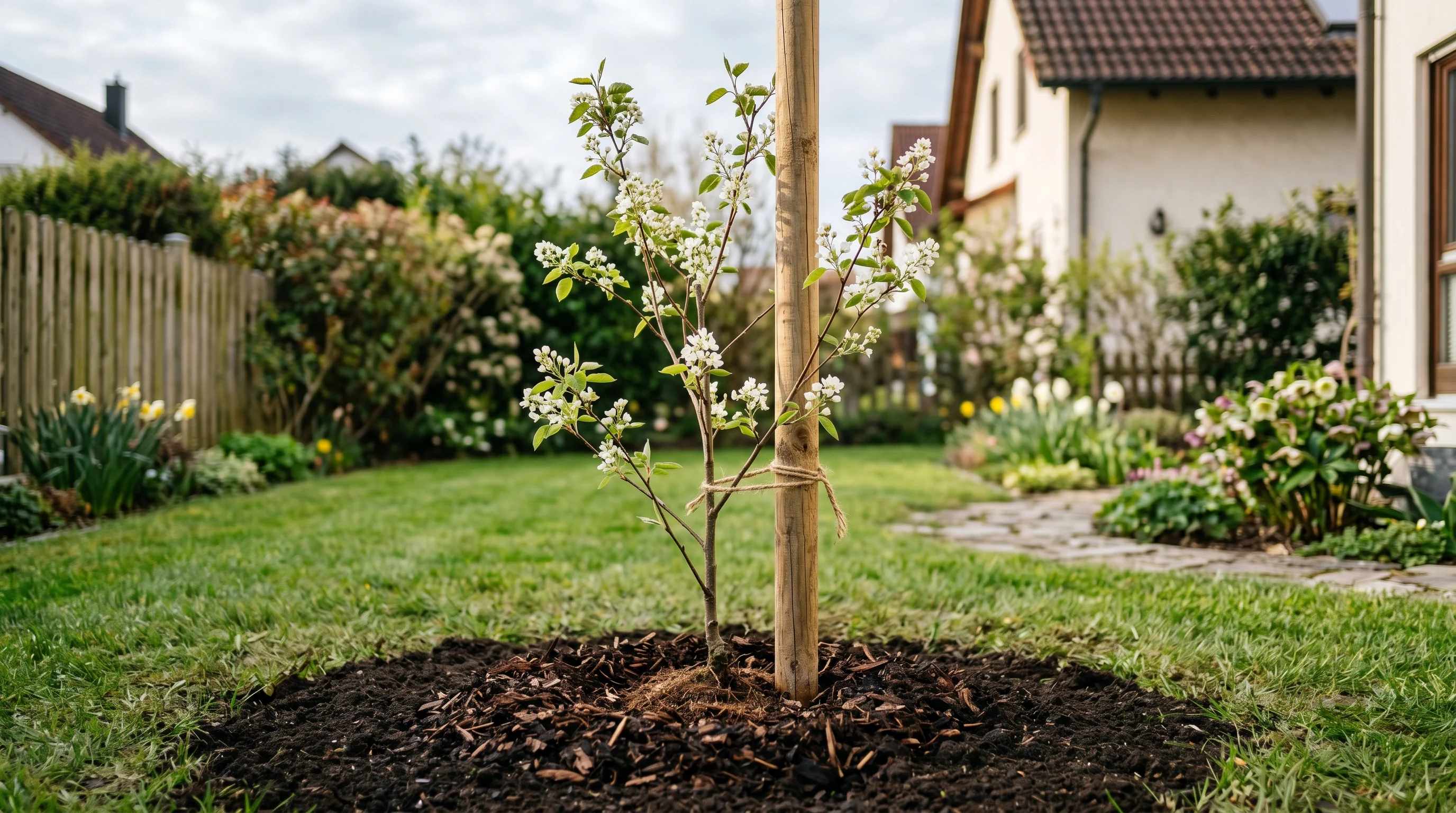 Welcher Baum für den kleinen Garten — frisch gepflanzter junger Baum mit Stützpfahl in einem Reihenhausgarten in Ulm