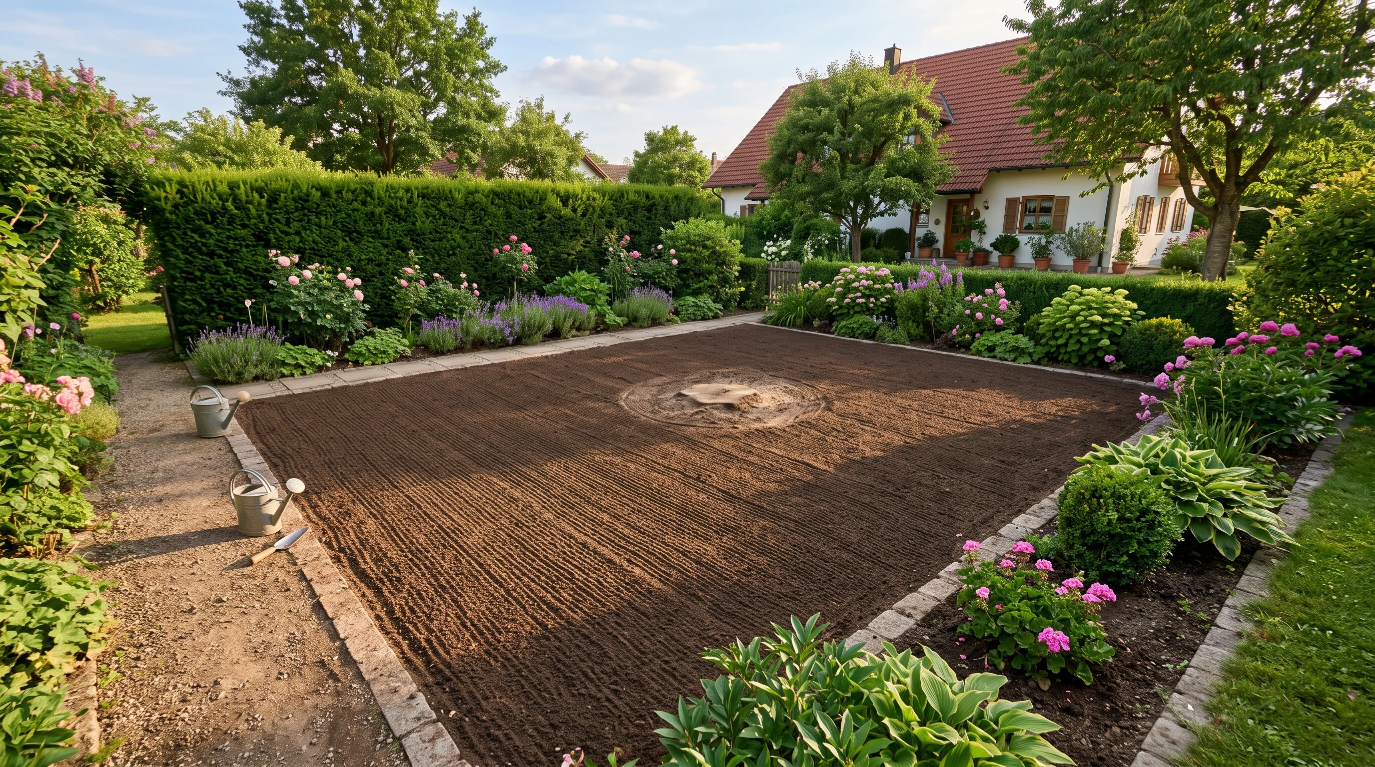 Frisch geräumte Gartenfläche nach der Wurzelentfernung, bereit für die Neugestaltung