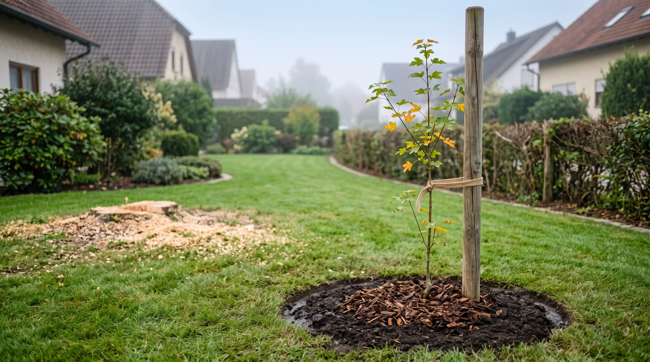 Ersatzpflanzung nach dem Ahorn fällen – junger Feldahorn mit Stützpfahl in einem herbstlichen Garten