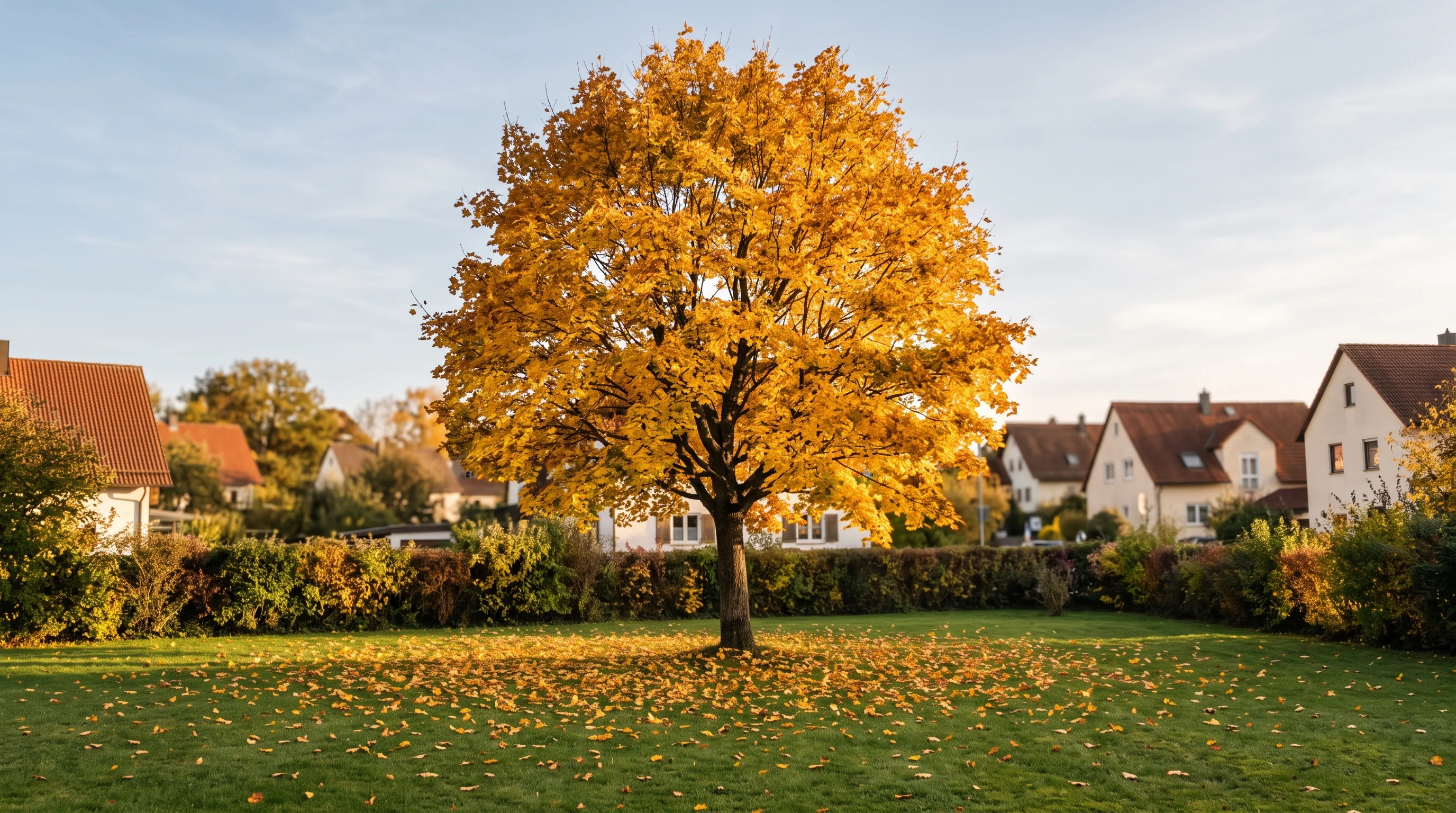 Ahorn schneiden: freistehender Ahornbaum mit goldenem Herbstlaub in einem gepflegten Garten
