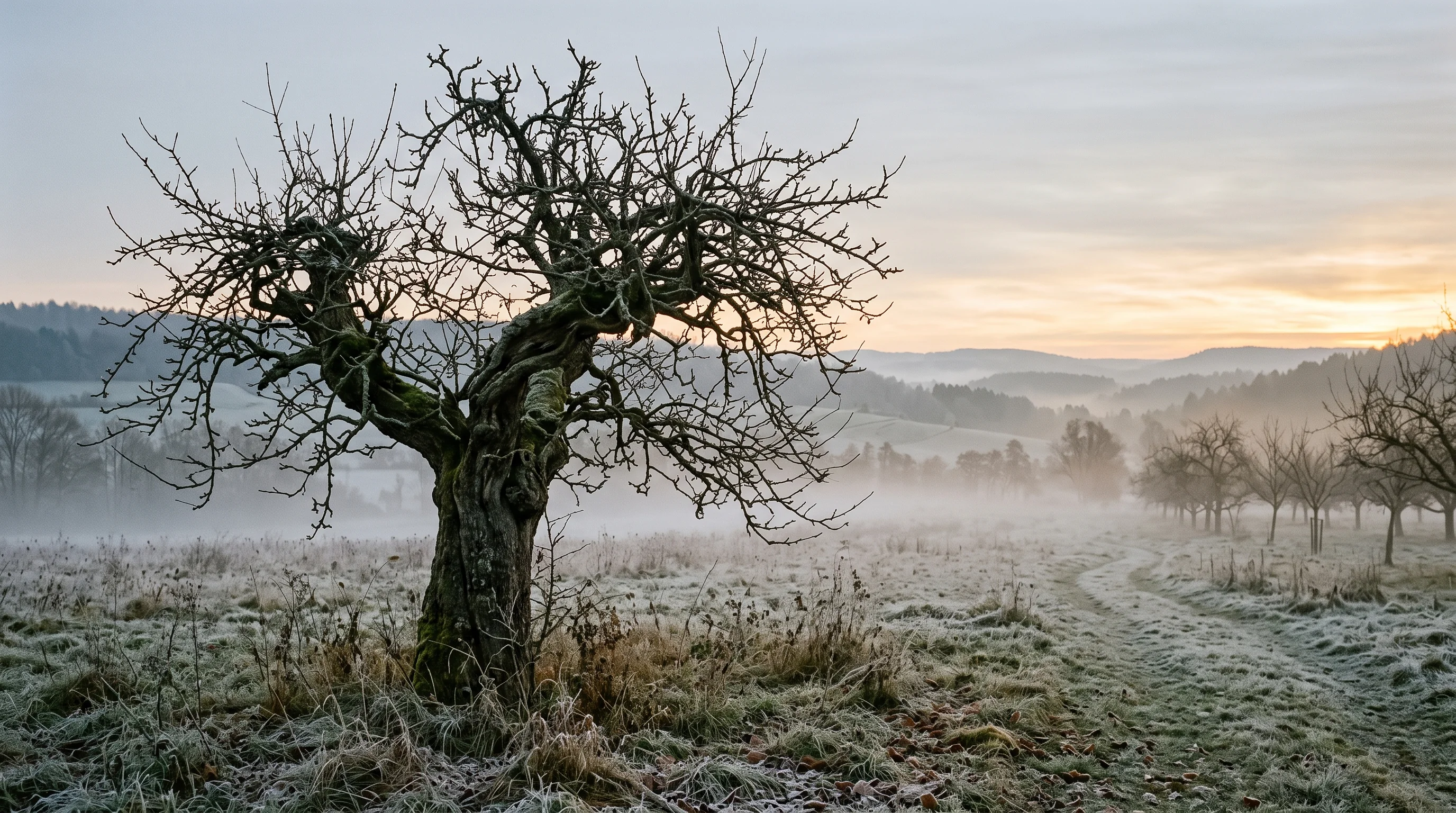 Alten Obstbaum schneiden: knorriger Apfelbaum mit dichter, ungeschnittener Krone im winterlichen Obstgarten