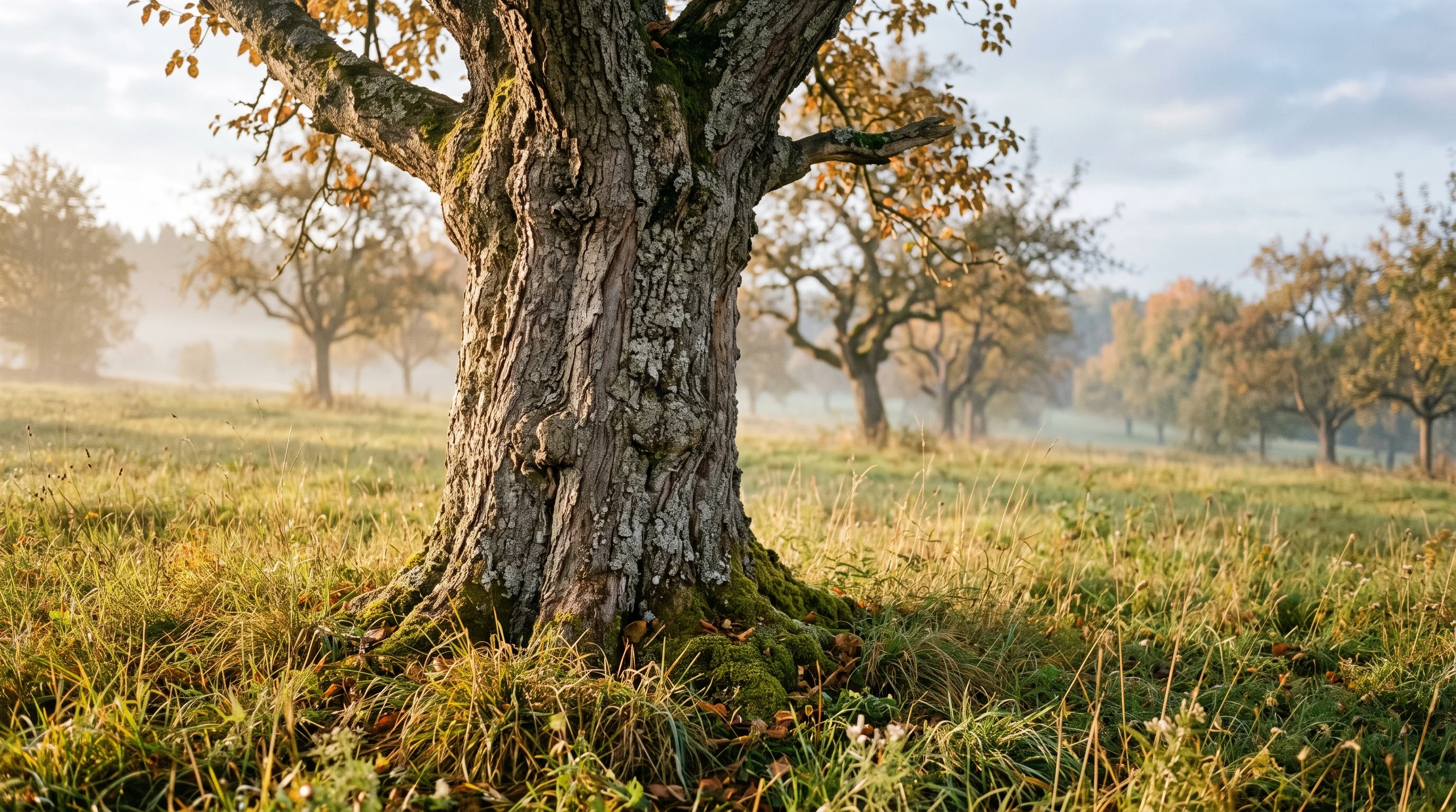Ameisen am Baum: knorriger Stamm eines alten Obstbaums auf einer Streuobstwiese bei Ulm