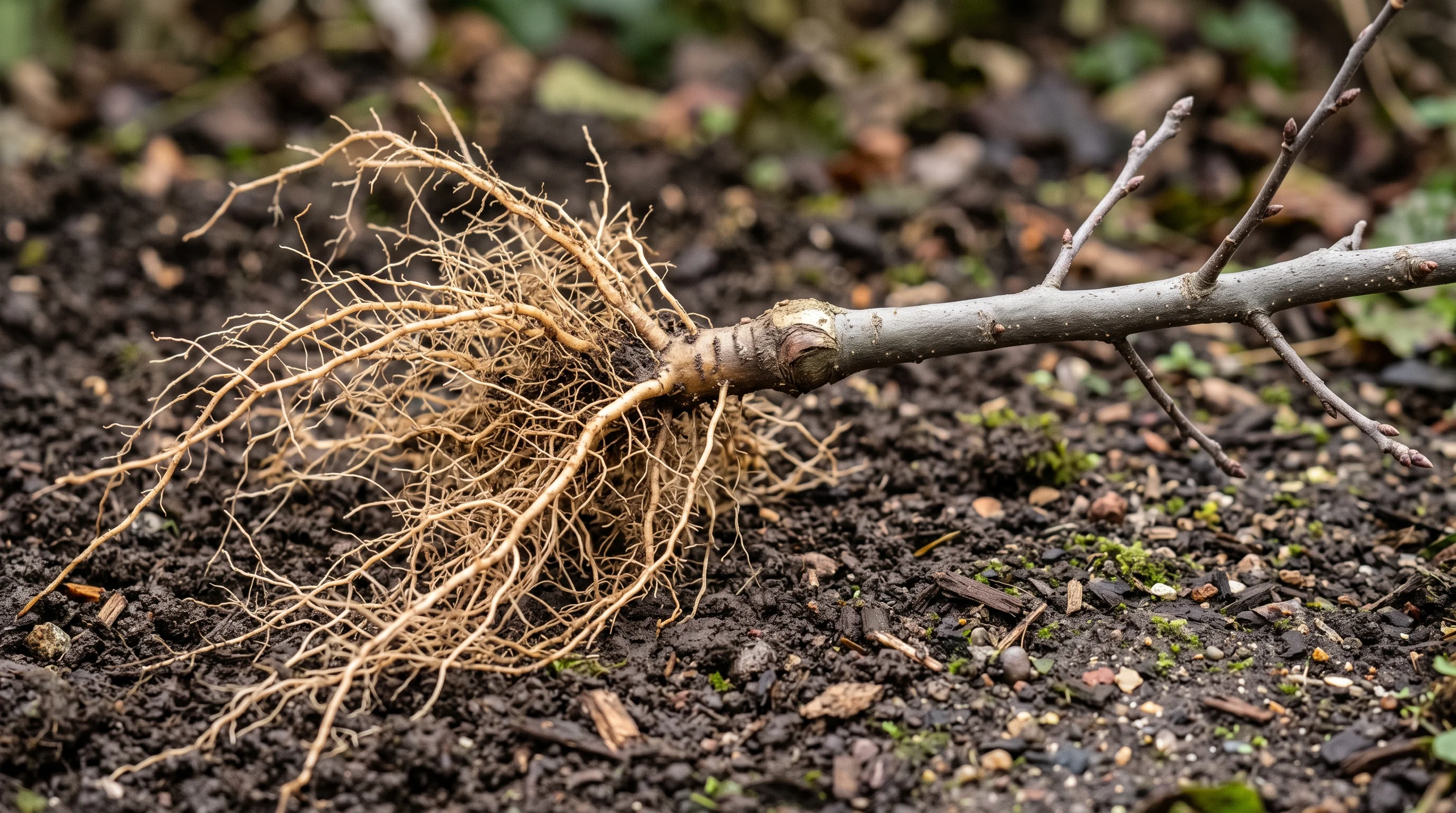 Apfelbaum pflanzen: wurzelnackter Obstbaum mit freigelegtem Wurzelwerk auf dunkler Gartenerde