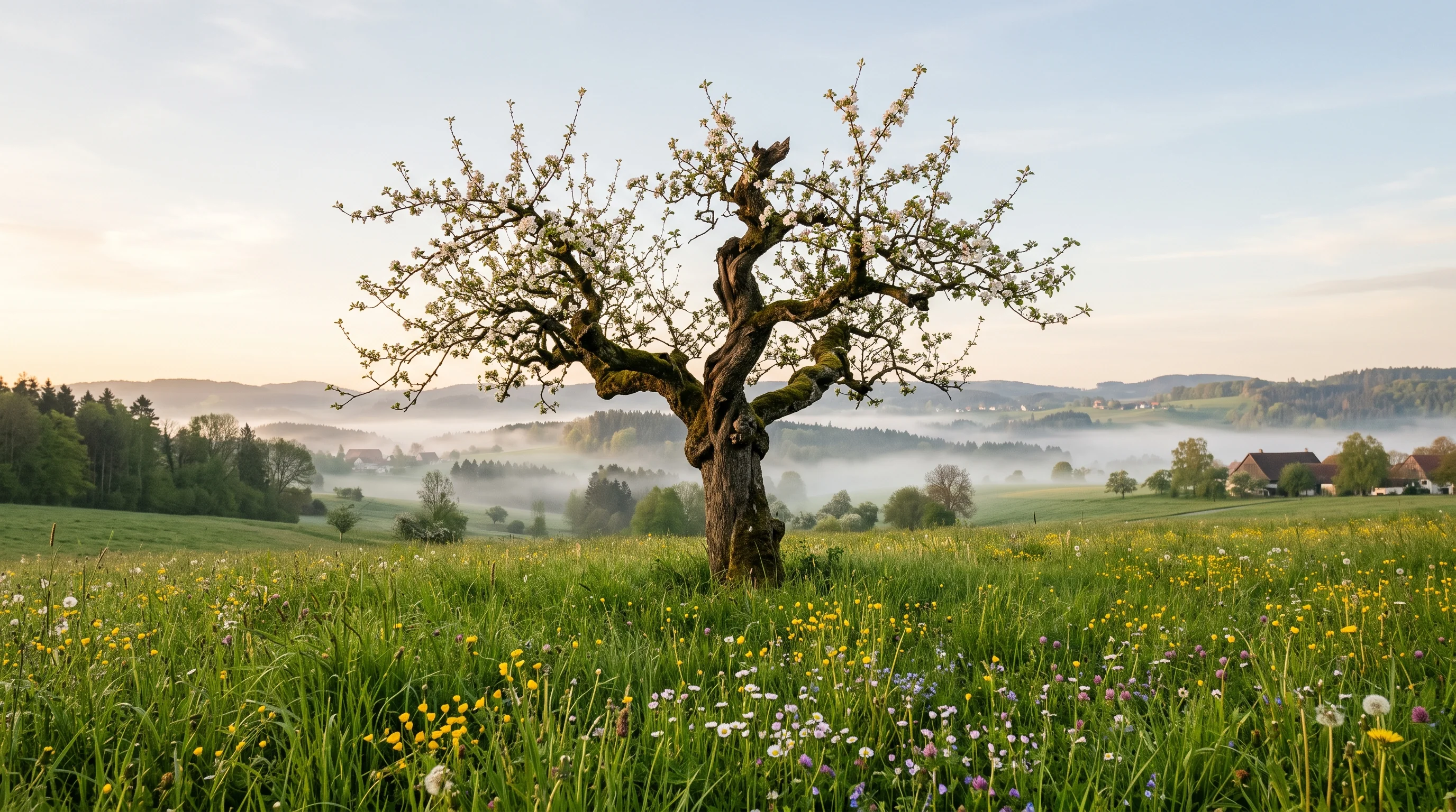 Baum düngen im Frühjahr: alter Apfelbaum auf einer blühenden Streuobstwiese bei Ulm