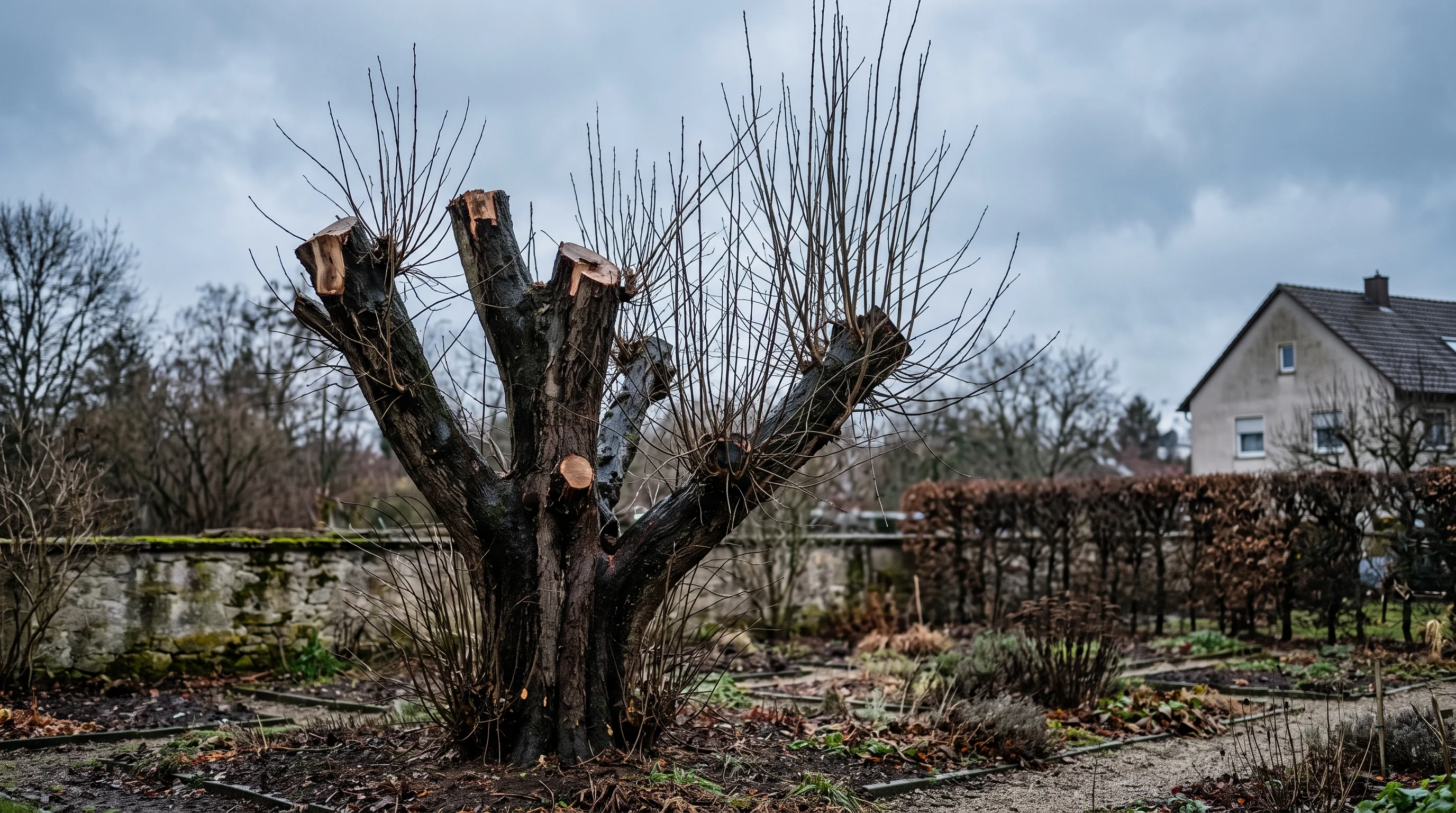Baum kappen: gekappter Laubbaum mit Aststümpfen und dichtem Wasserreiser-Austrieb