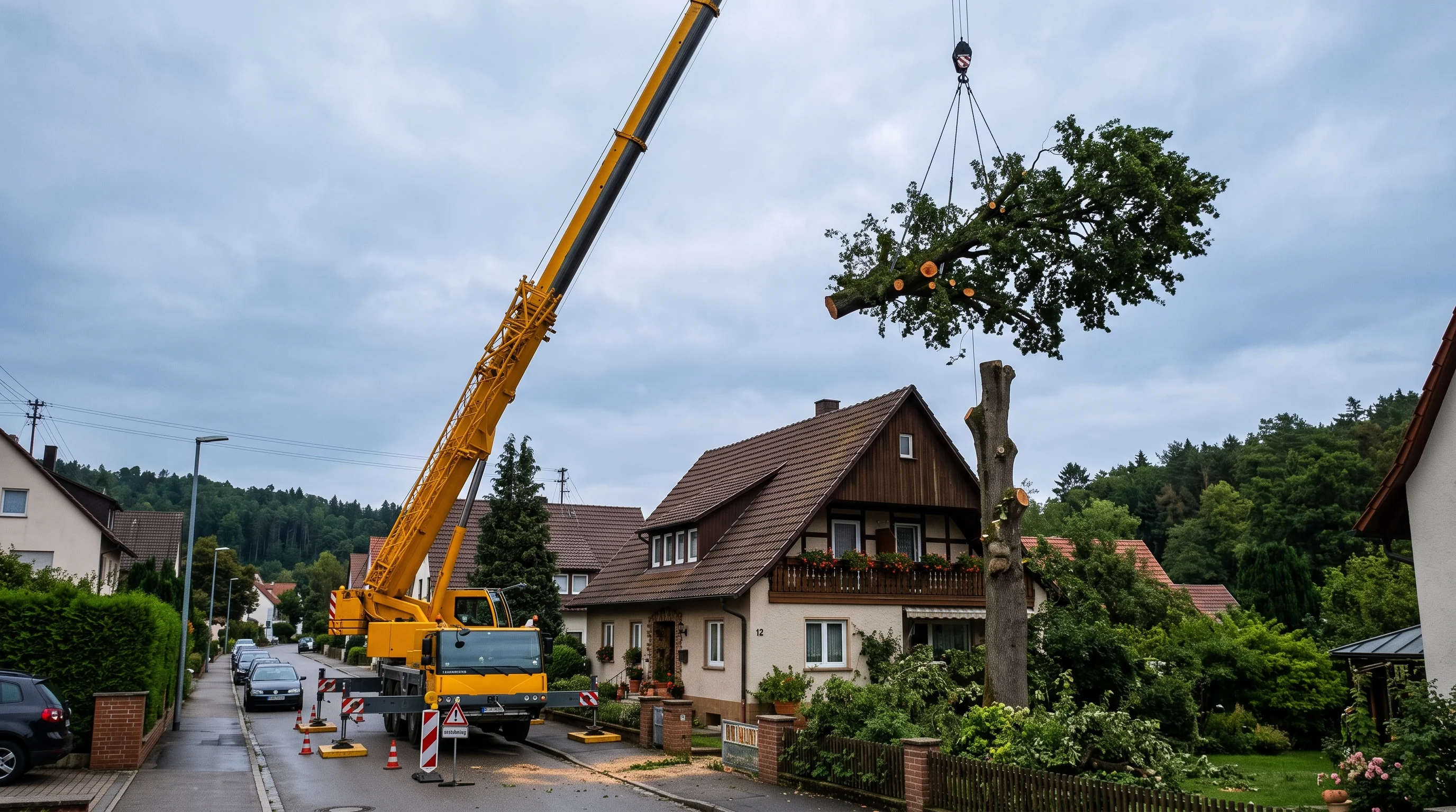 Baumfällung mit Kran: Mobilkran hebt Kronenteile eines großen Laubbaums über ein Wohnhaus