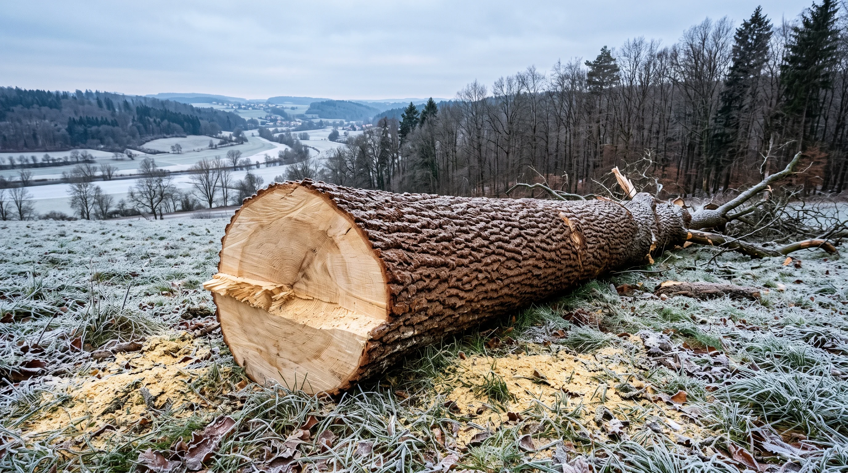 Baumfällung Neu-Ulm: gefällter Laubbaumstamm mit frischer Schnittfläche am Waldrand im Donautal