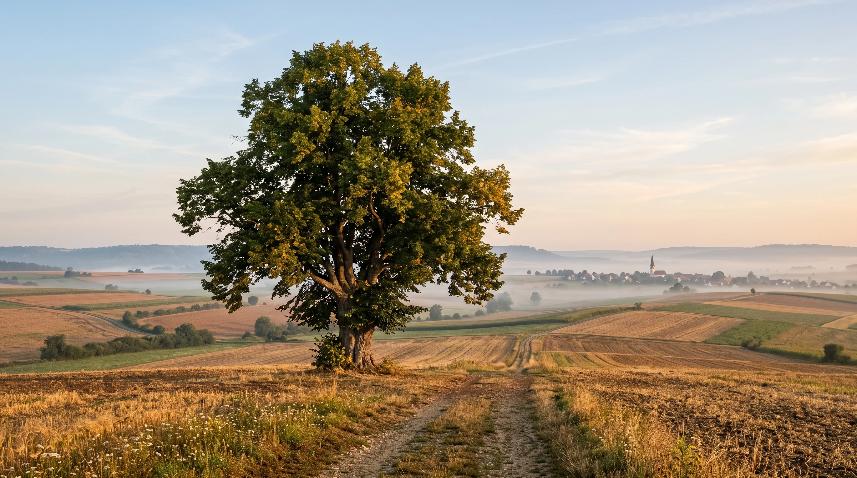 Baumpflege Alb-Donau-Kreis: alter Laubbaum in der Kulturlandschaft der Schwäbischen Alb im Morgenlicht
