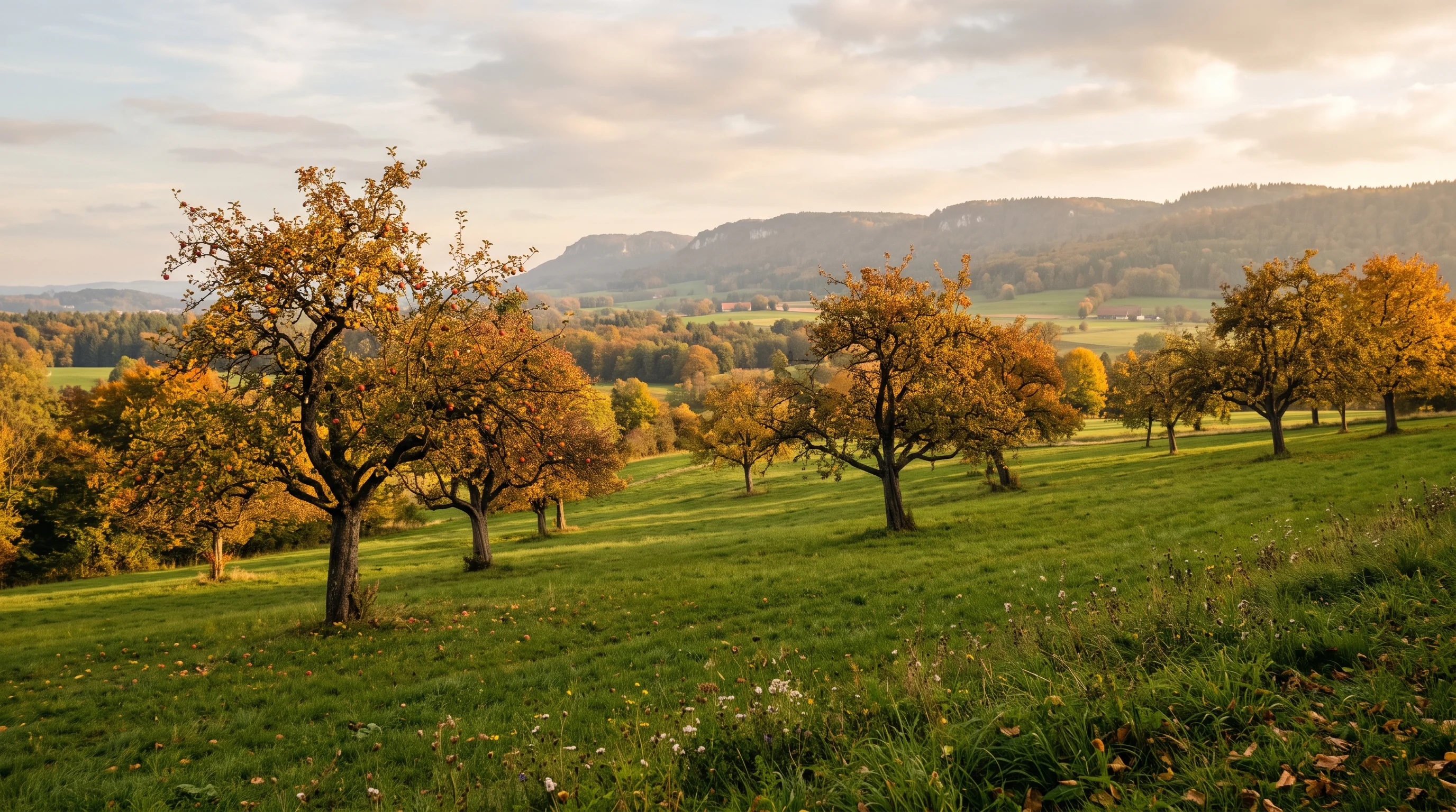 Baumpflege Langenau: Weiter Blick über eine gepflegte Streuobstwiese im Alb-Donau-Kreis im Herbstlicht
