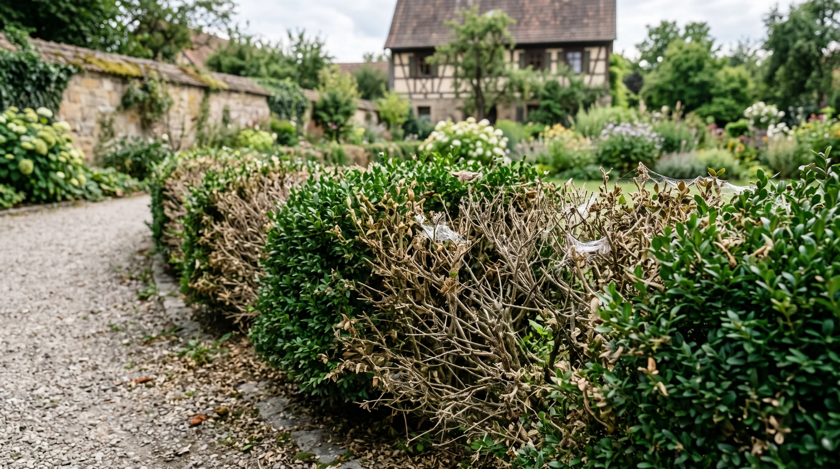 Buchsbaumzünsler bekämpfen: Buchsbaumhecke mit Fraßschäden und Gespinsten im Spätsommer