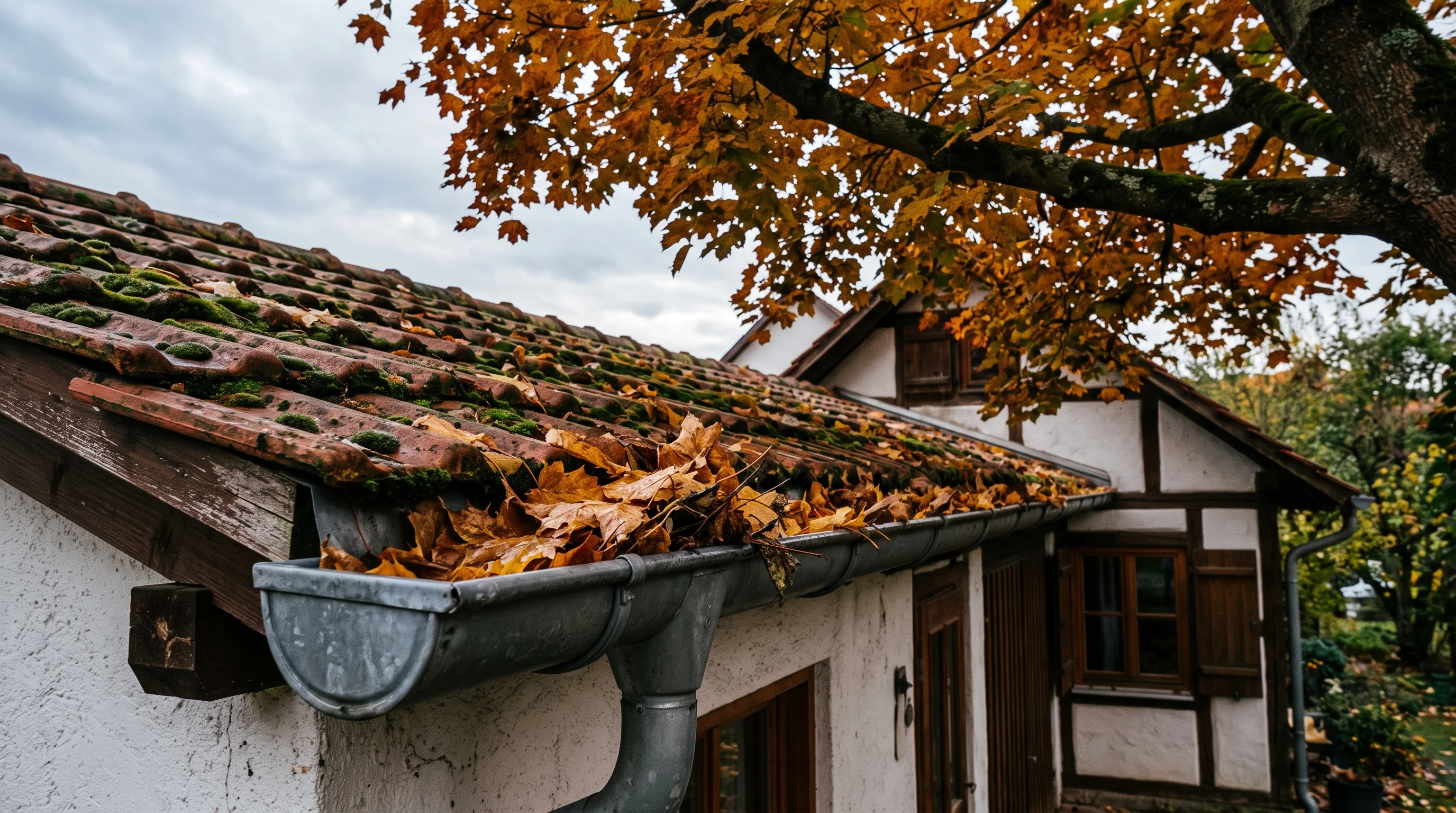Dachrinne reinigen im Herbst: mit Laub gefüllte Regenrinne an einem Wohnhaus unter einem Laubbaum