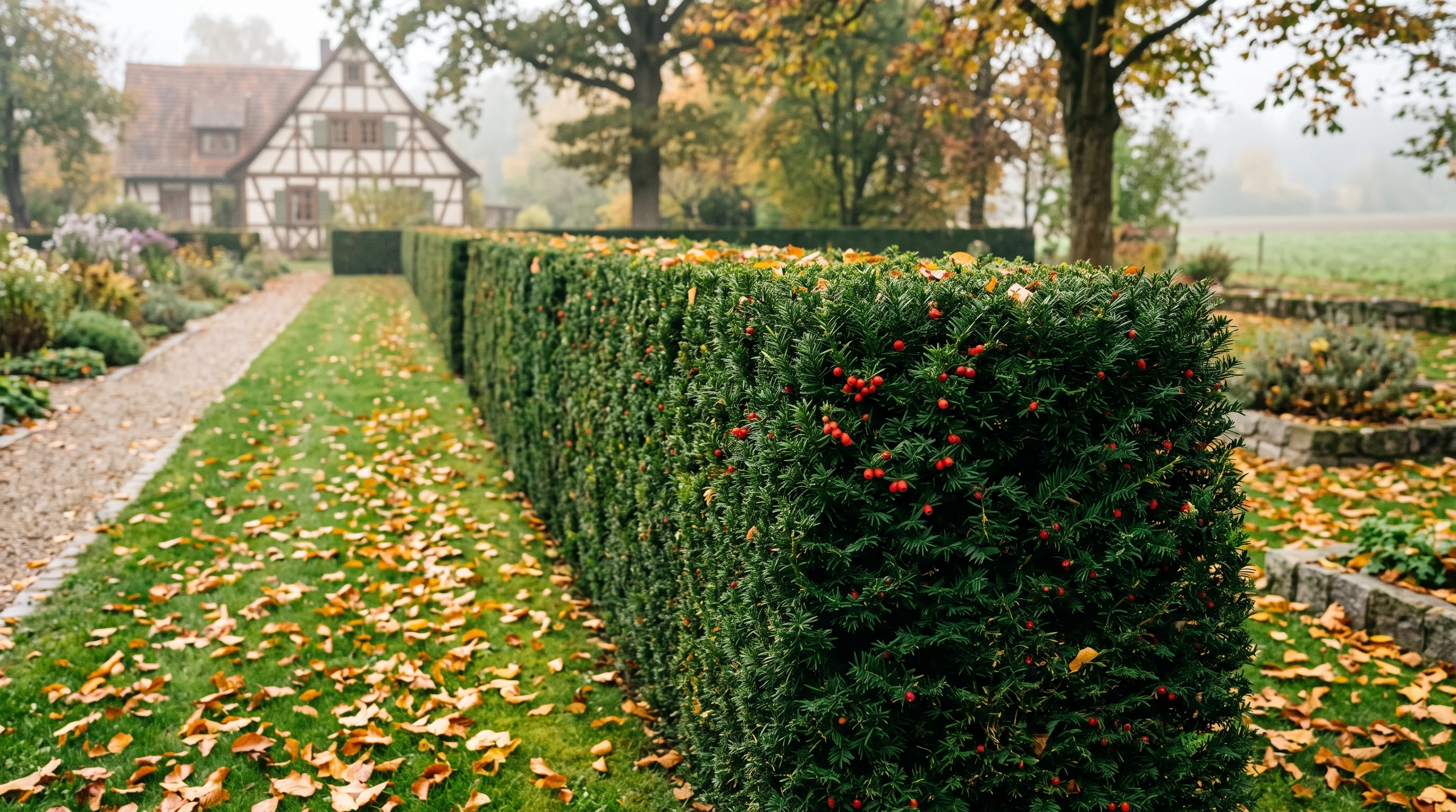 Eibe schneiden: dicht geschnittene Eibenhecke mit roten Beeren im Herbstgarten
