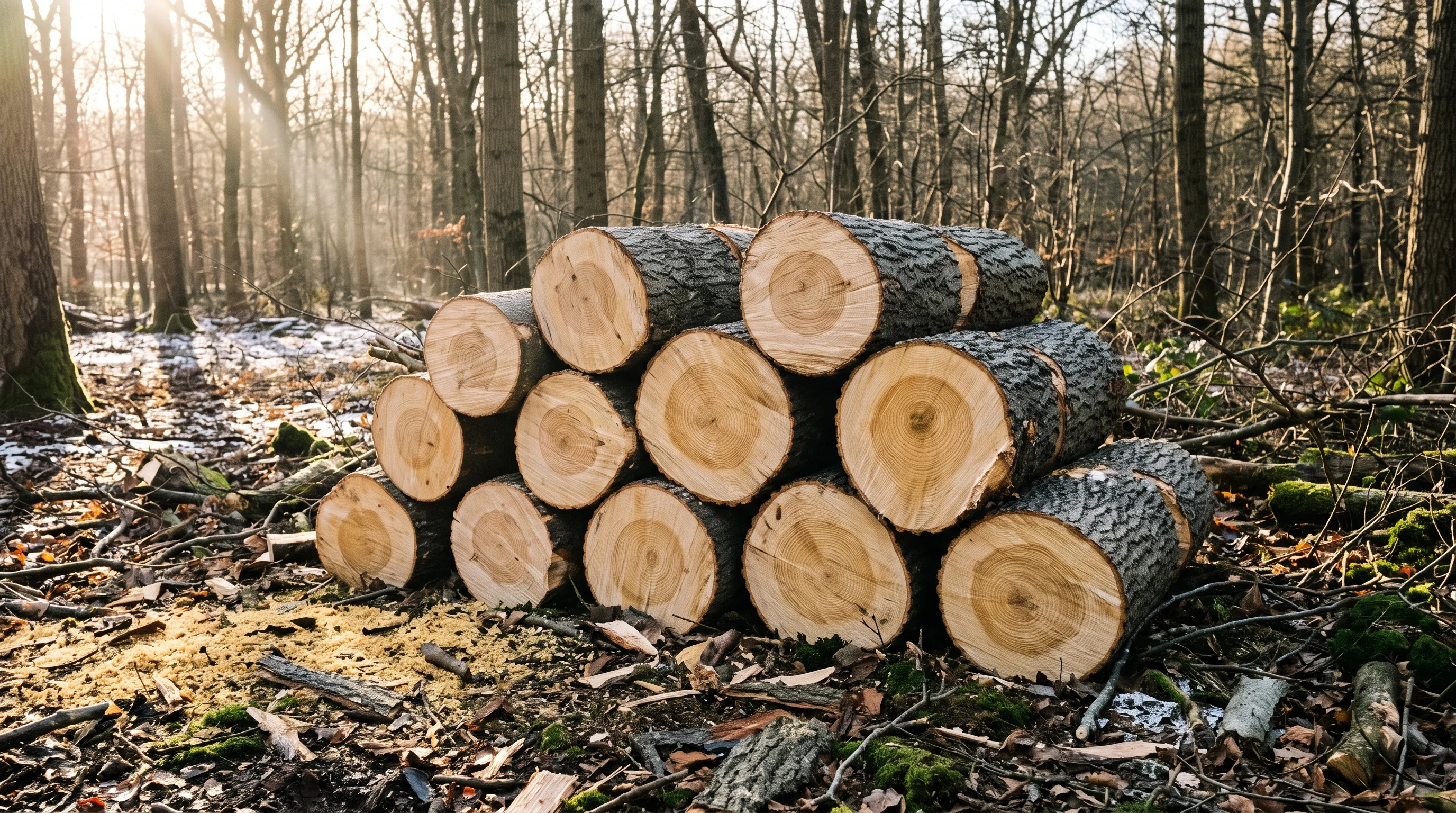 Esche fällen: aufgearbeiteter Eschenstamm mit sichtbaren Jahresringen auf einer Waldlichtung