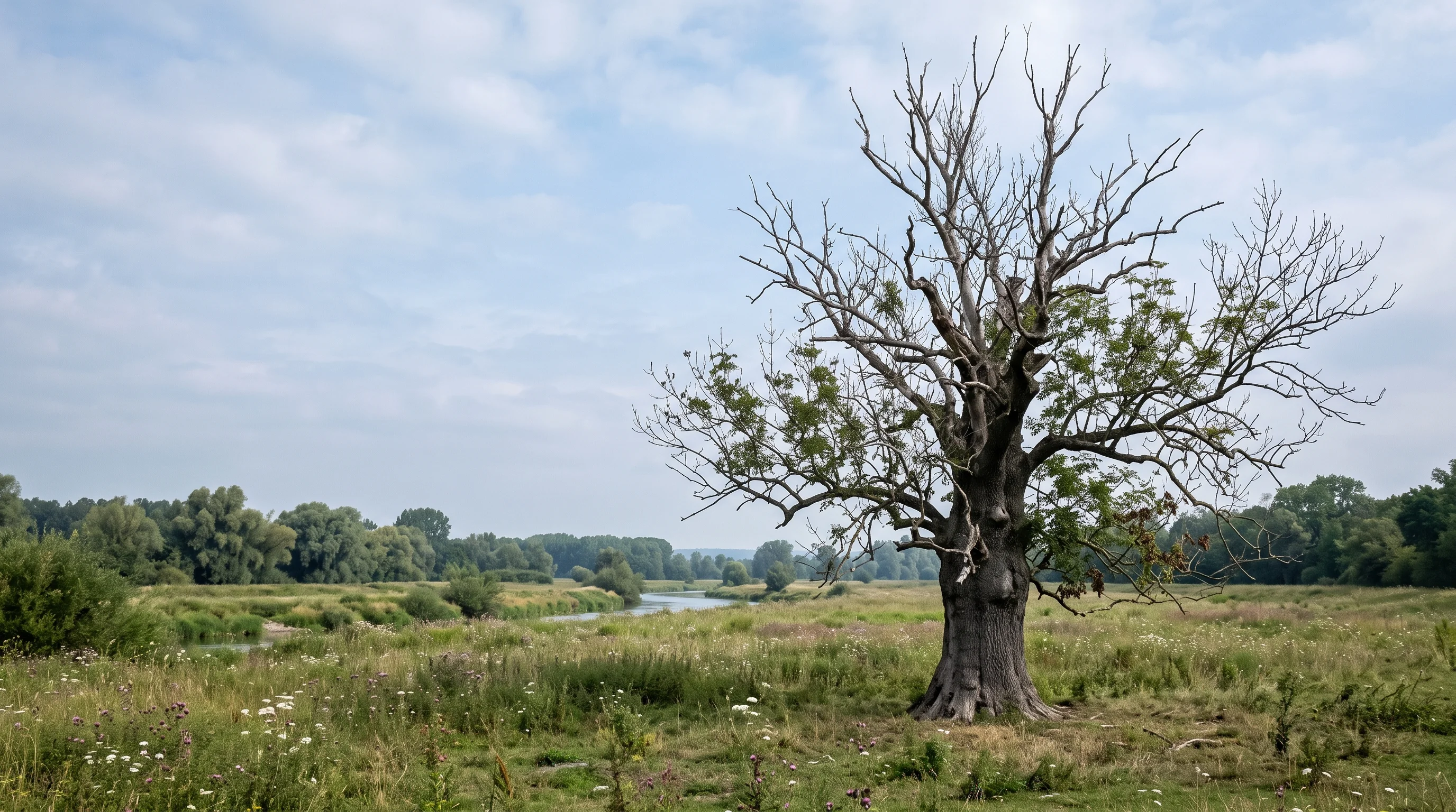 Eschentriebsterben an einer alten Esche: lichte Krone mit abgestorbenen Triebspitzen vor blauem Himmel