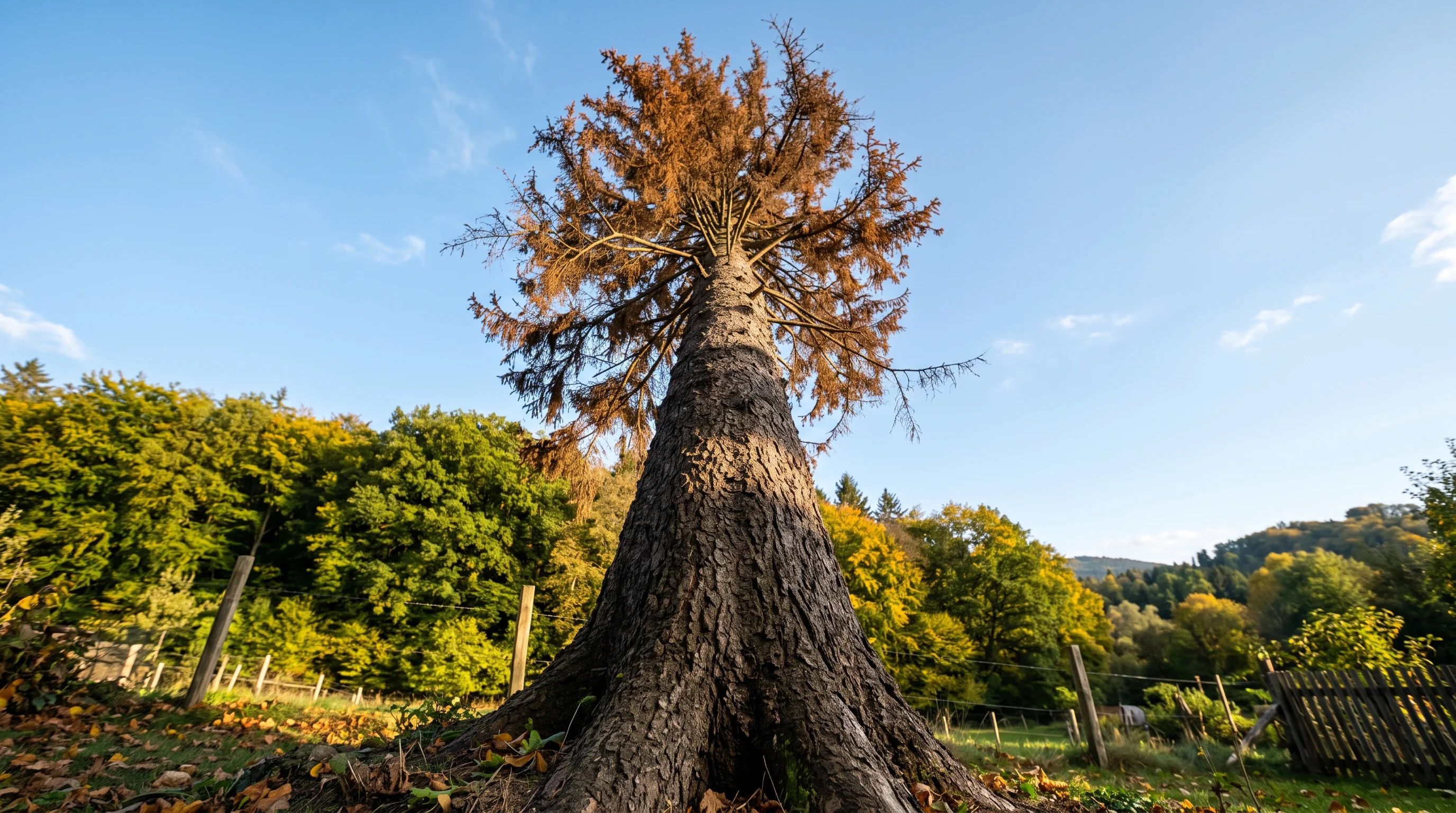 Fichte fällen: hohe Fichte mit abgestorbener Krone vor blauem Himmel in Süddeutschland
