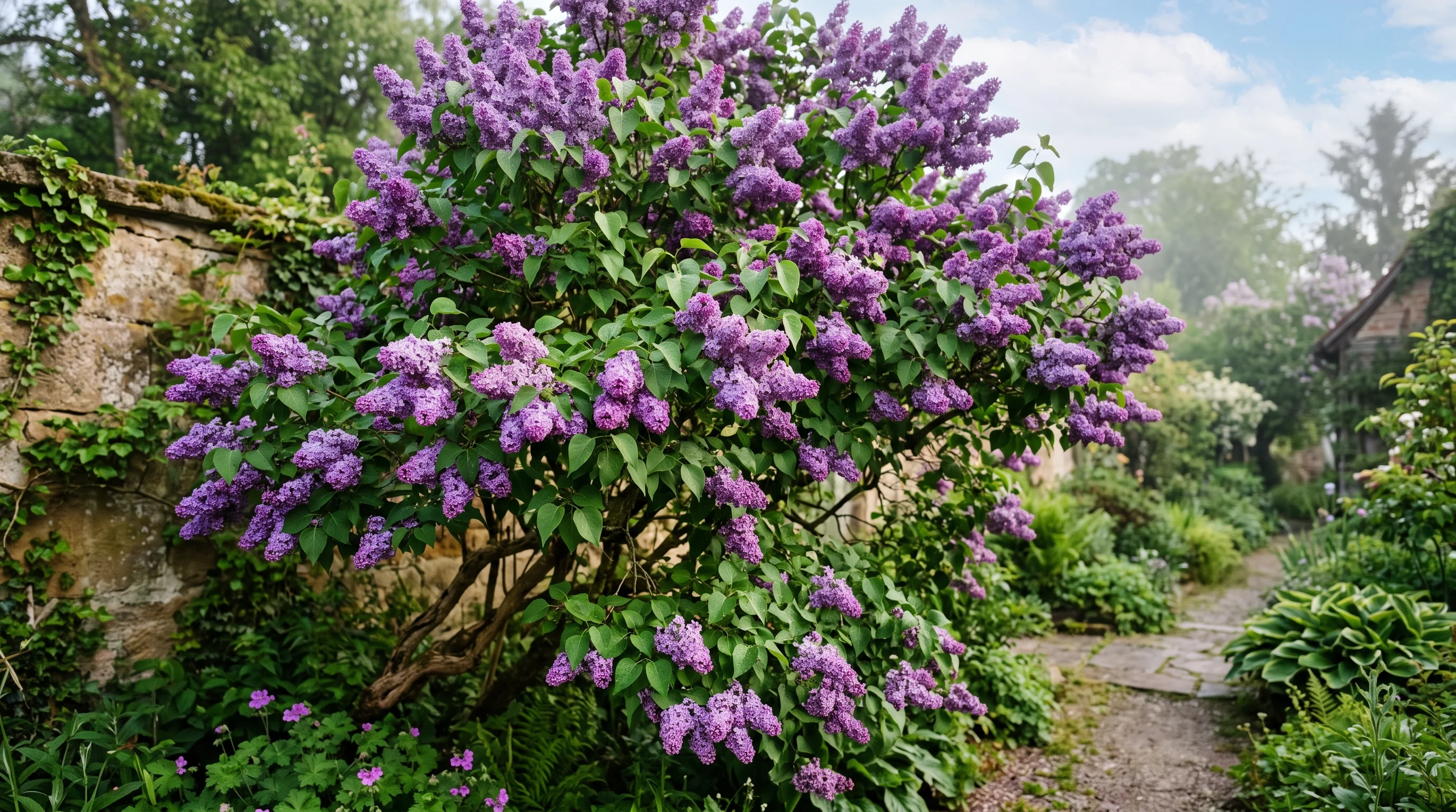 Flieder schneiden: blühender Fliederstrauch mit violetten Rispen im Frühling in Süddeutschland
