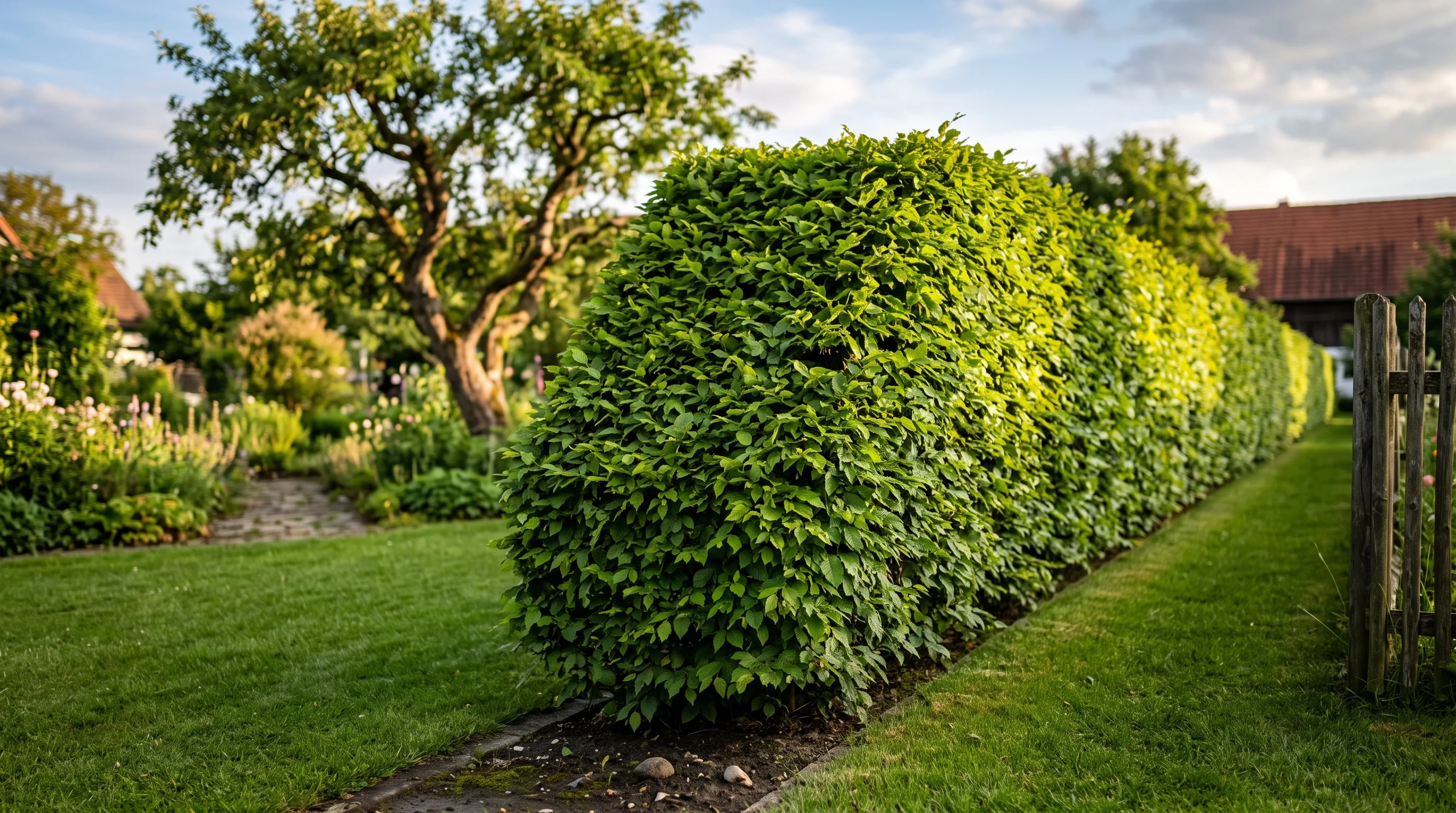 Hainbuche schneiden: dichte Hainbuchenhecke mit klarer Trapezform in einem süddeutschen Garten